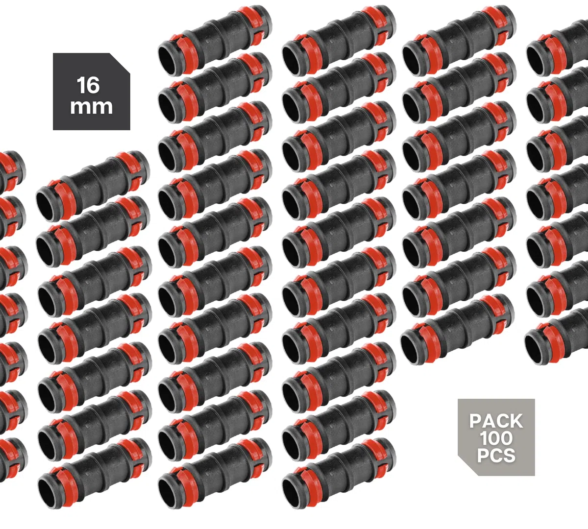DOJA Barcelona | Link zabezpieczający kroplówka | Pack 100 | Złącza do nawadniania do węża ogrodowego | Ø 16mm | z pierścieniem zabezpieczającym | Akcesoria do nawadniania kroplowego | Adapter, Rurka nawadniania, nawadnianie ogrodu
