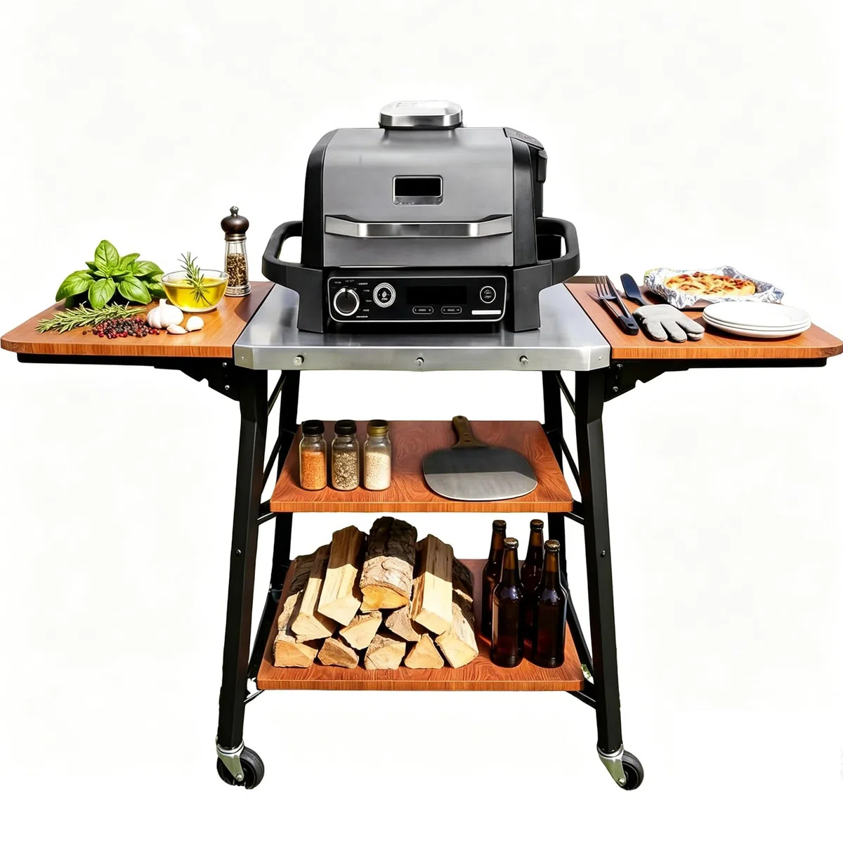 GFTIME Wózek grillowy z blatem roboczym ze stali nierdzewnej, wózek BBQ z 2 składanymi półkami bocznymi i 2 półkami, mobilny wózek kuchenny z kółkami do grilla, pieca do pizzy i ogrodu