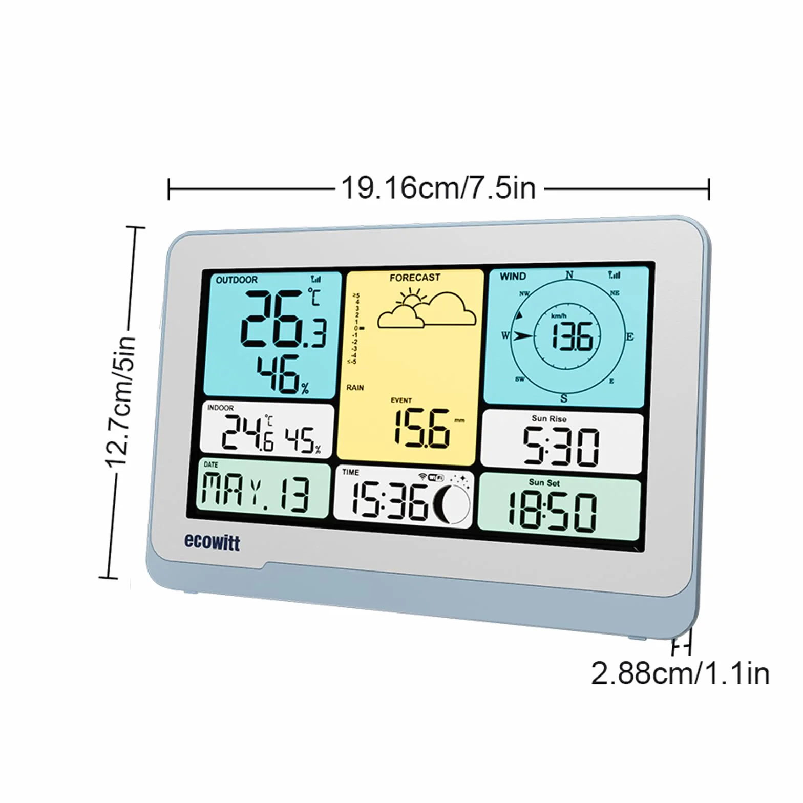 ECOWITT WS3820_C konsola do stacji pogodowej, 7,5" kolorowy wyświetlacz LCD w domu, zintegrowane czujniki wewnętrzne 3 w 1, para z WS69/WS90/WS85, inteligentne sterowanie łącznością IoT