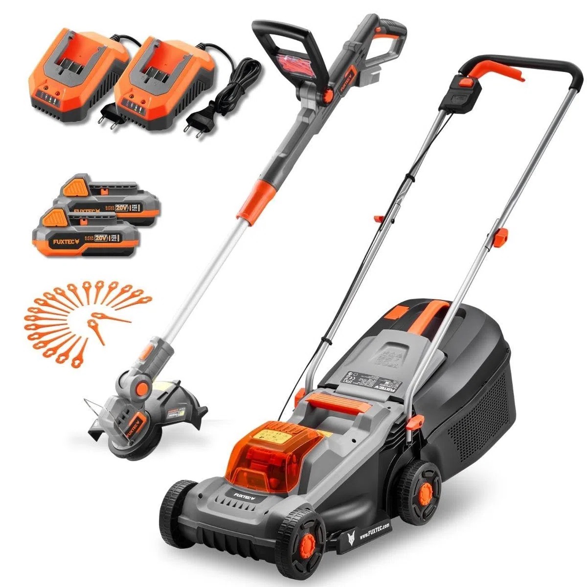 FUXTEC 20V Akumulatorowy zestaw ogrodowy FX-E1RM20ECO & FX-E1RT20 – kosiarka 30 cm, podkaszarka 25 cm, 2x2Ah akumulator + ladowarka, kosz 30 l