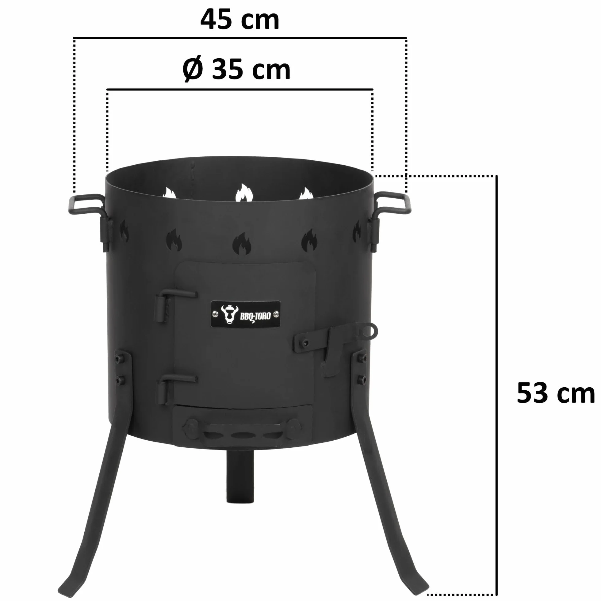 BBQ-Toro Żeliwny Kazan z Piecem Ø 35 cm | Garnek Żeliwny 12,1 L z Pokrywką, Kociołek na Gulasz, Piec na Zewnątrz, Palenisko, Kuchnia na Ognisku