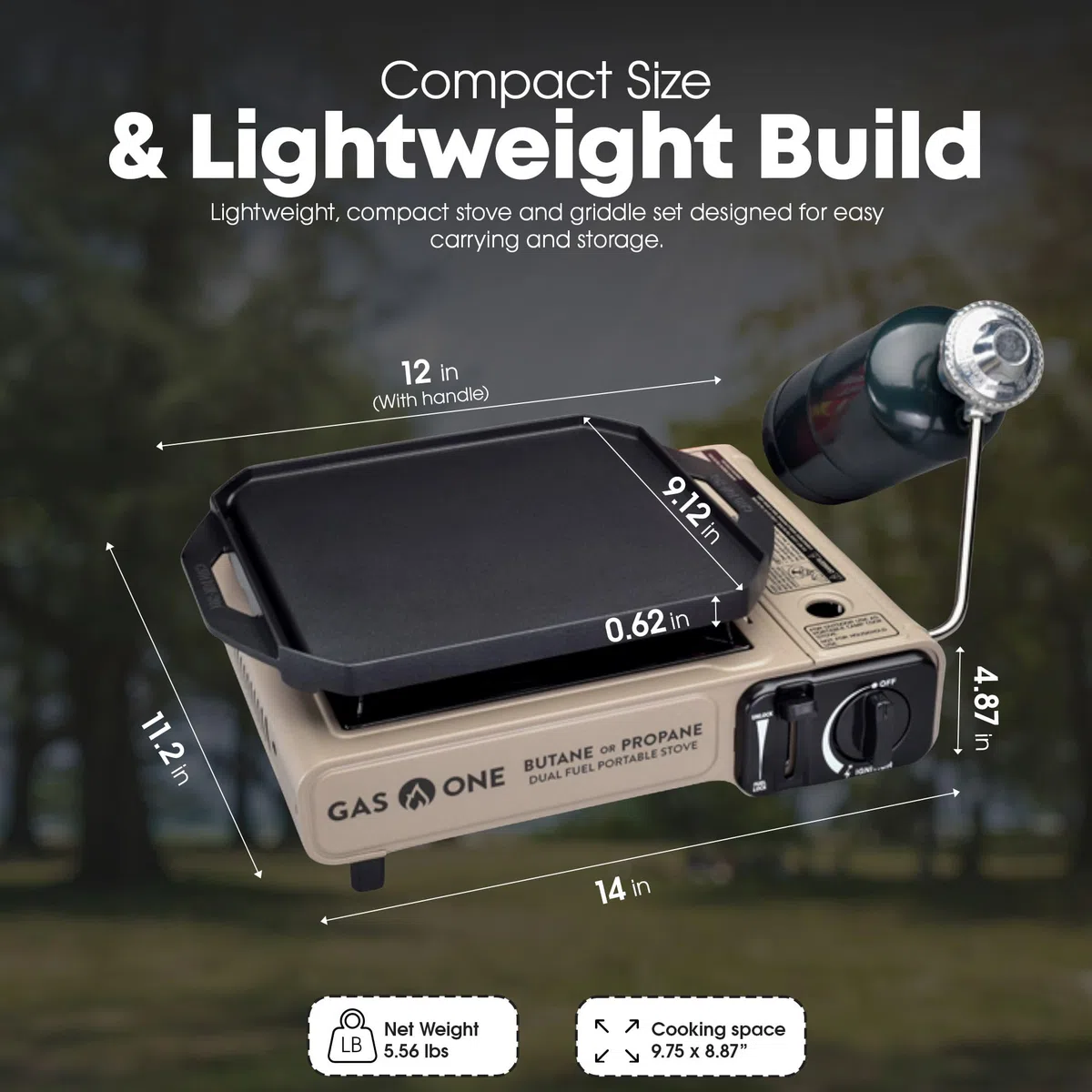 GasOne GS-3400P-KIT Kuchenka gazowa na propan lub butan z płaską płytą w zestawie – dwupaliwowa kuchenka na propan, do gotowania, na kemping, kuchnię, odlewane ciśnieniowo aluminium z powłoką