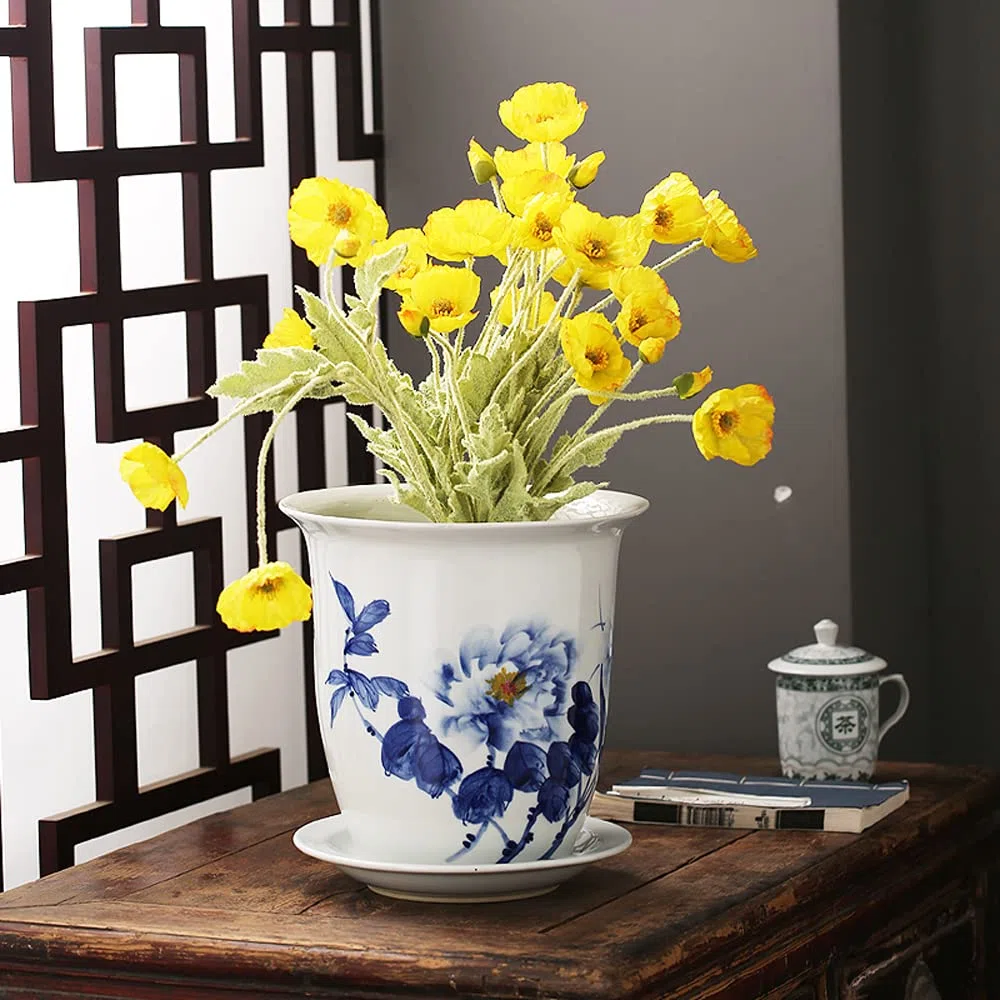 Doniczka ceramiczna Chińskie orientalne niebiesko-białe ceramiczne doniczki doniczkowe do wnętrz z porcelanowym spodkiem do ogrodu i wewnątrz, doniczka Chinoiserie