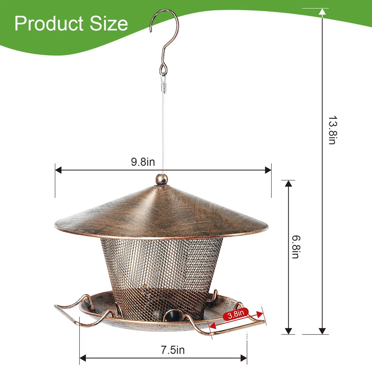 Metalowy karmnik dla ptaków, pojemność 1,4 kg, dach 9,8 cm, odporny na warunki atmosferyczne, karmnik dla dzikich ptaków do dekoracji podwórka ogrodowego