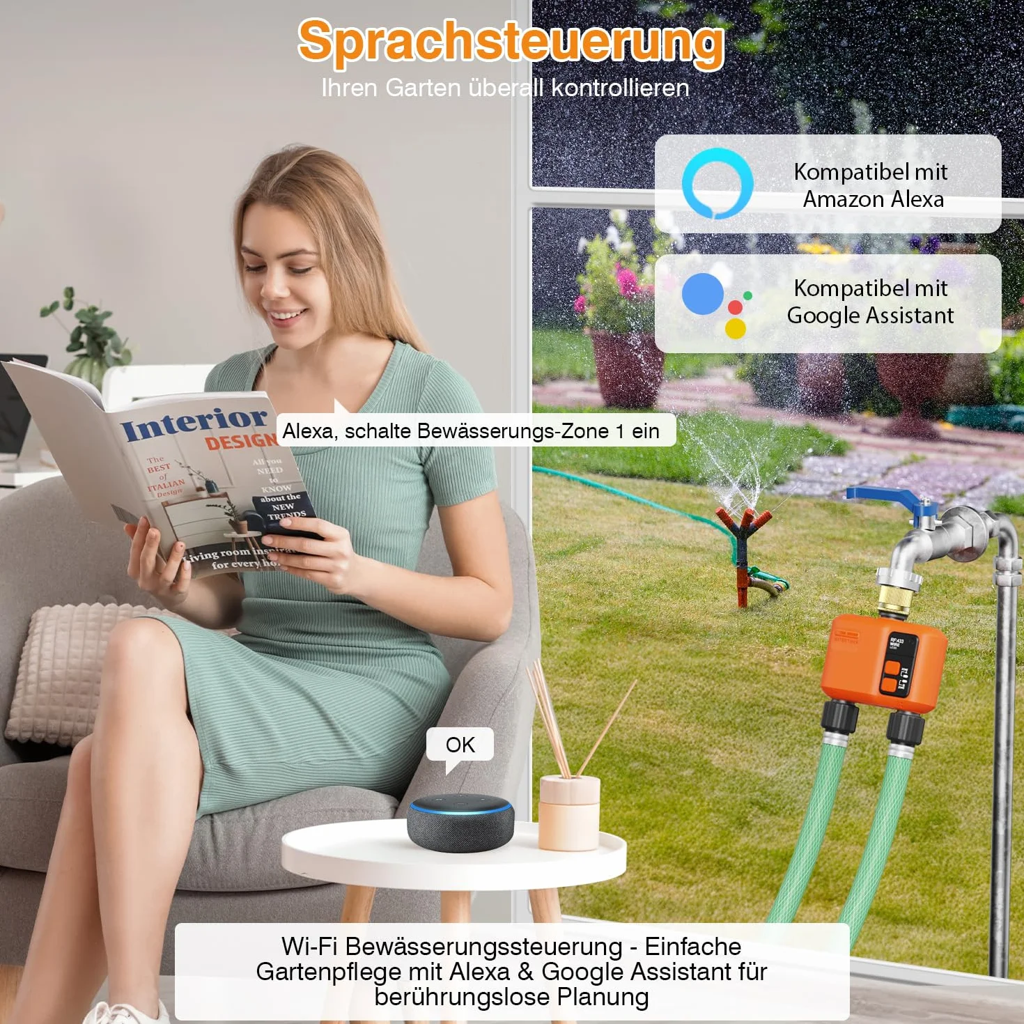 Inteligentny programator nawadniania WiFi 2 wyjścia miedzi z 300 metrów RF, WiFi superzasięgu, system nawadniania ogrodu z deszcz opóźnienie, sterowanie aplikacją i głosem, automatyczny timer