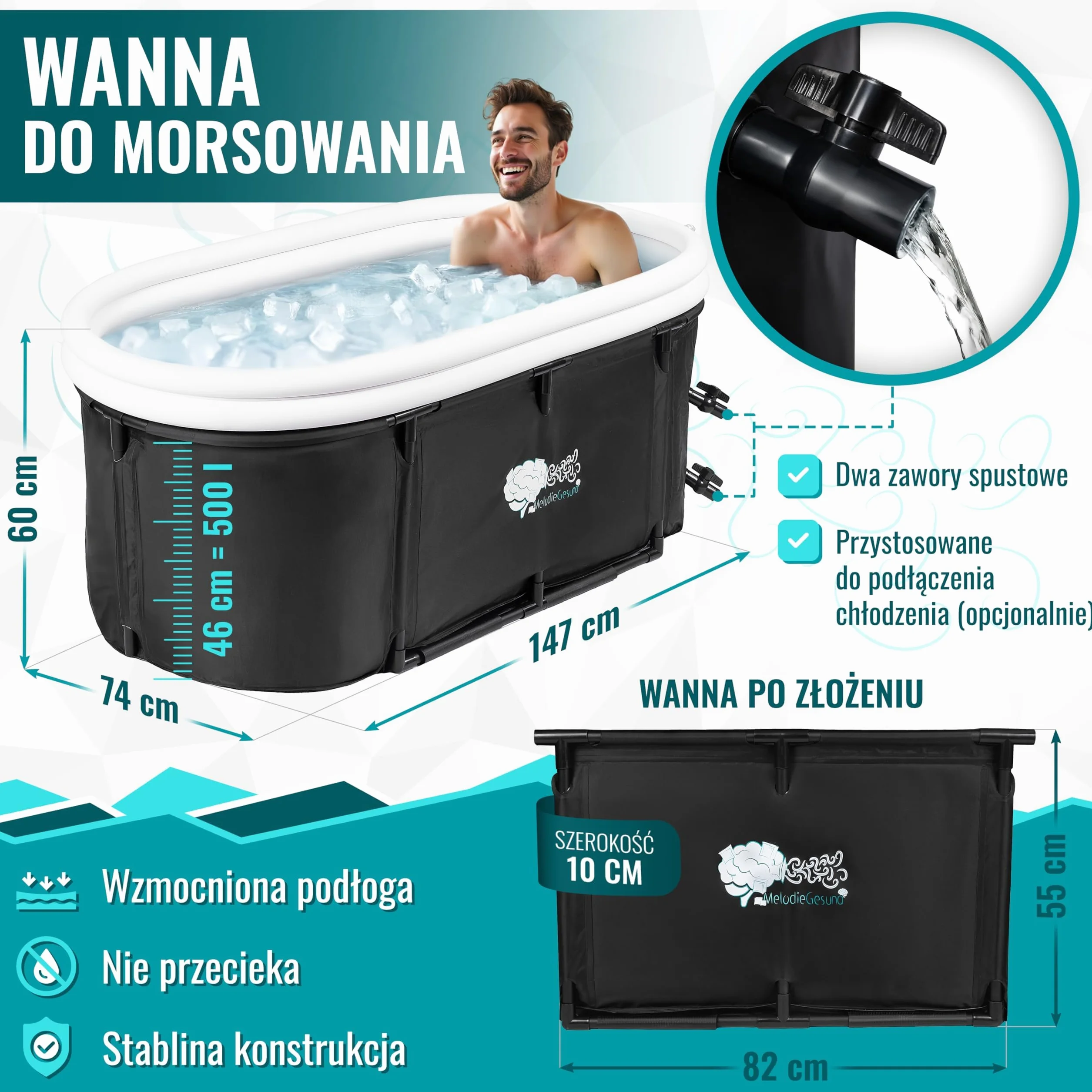Mobilna wanna dla dorosłych – Składana wanna 147×74×60 cm – W zestawie z akcesoriami do gorących i lodowych kąpieli, wolnostojąca i przenośna, do użytku w domu oraz na zewnątrz – MelodieGesund