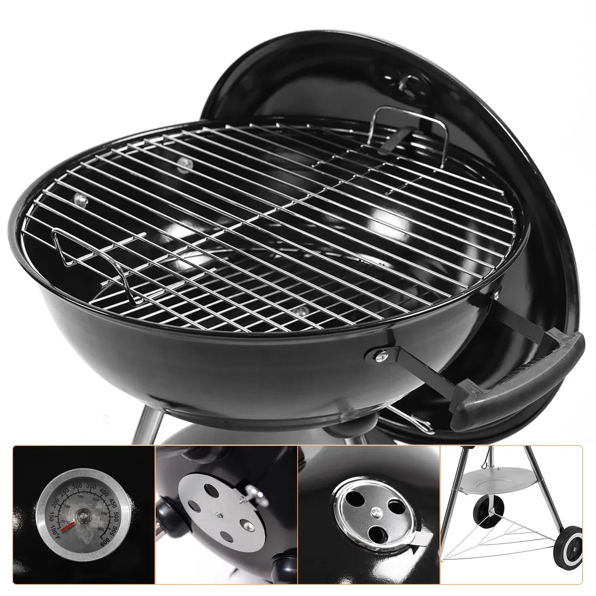 KONO Grill kulowy, grill na węgiel drzewny, grill piknikowy, ze stali nierdzewnej, mały grill z pokrywką, kółka, uchwyt ze stali nierdzewnej, termometr, grill kempingowy, zdejmowany grill do ogrodu,