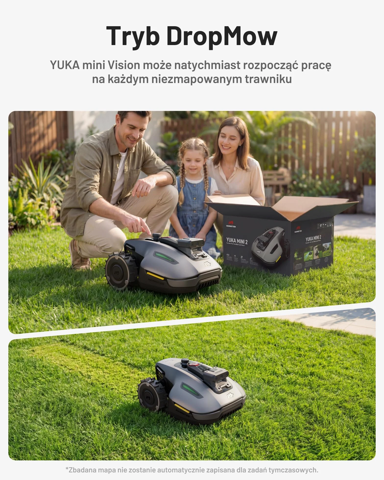MAMMOTION YUKA mini 2 500 Robot koszący bez przewodu obwodowego, do 500 m², Tri-Cam AI Vision, automatyczne mapowanie wielu stref, DropMow, ręczna edycja mapy, nachylenia 45%