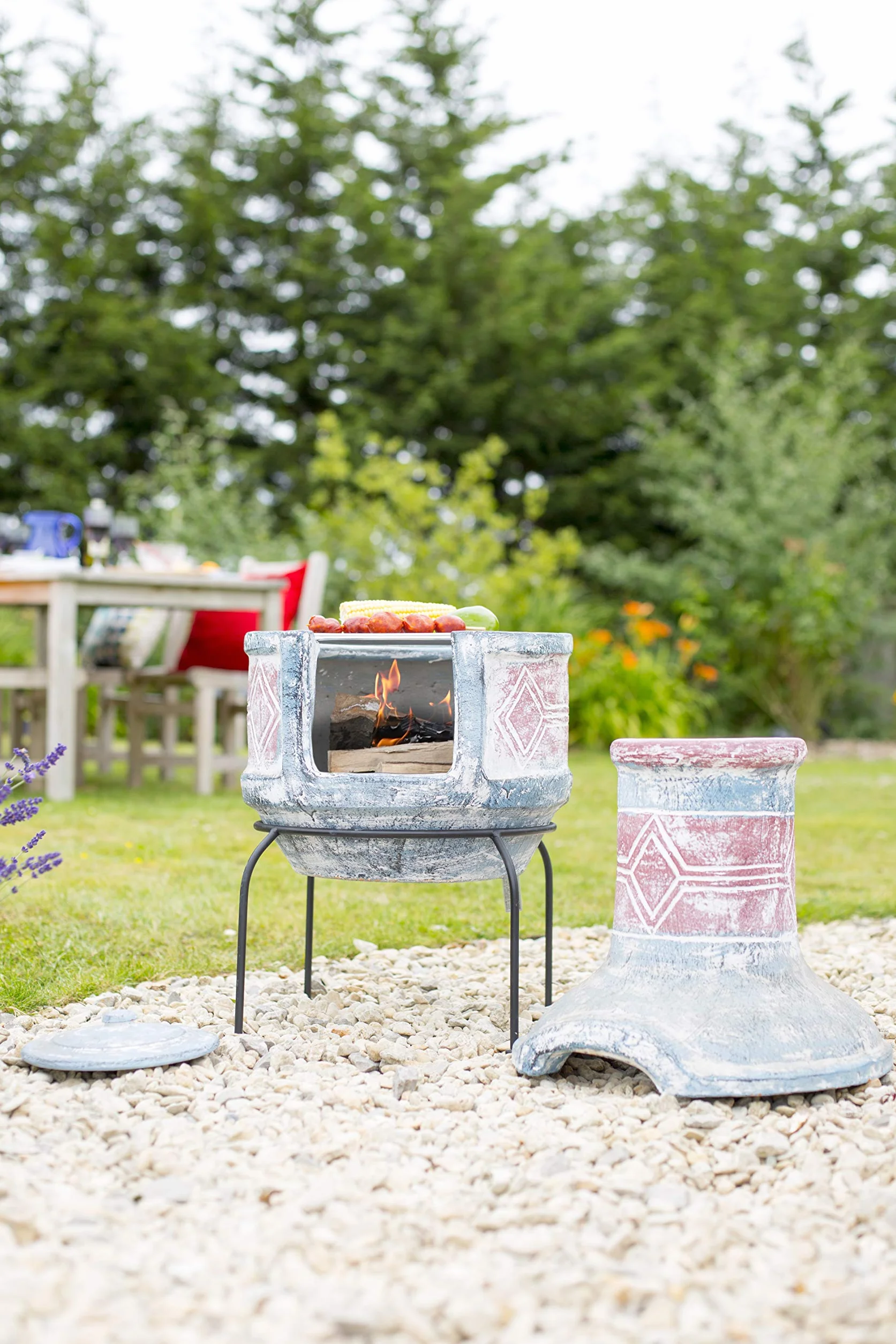 La Hacienda Geometryczny 2-częściowy gliniany chimenea, średni - morski niebieski i czerwony