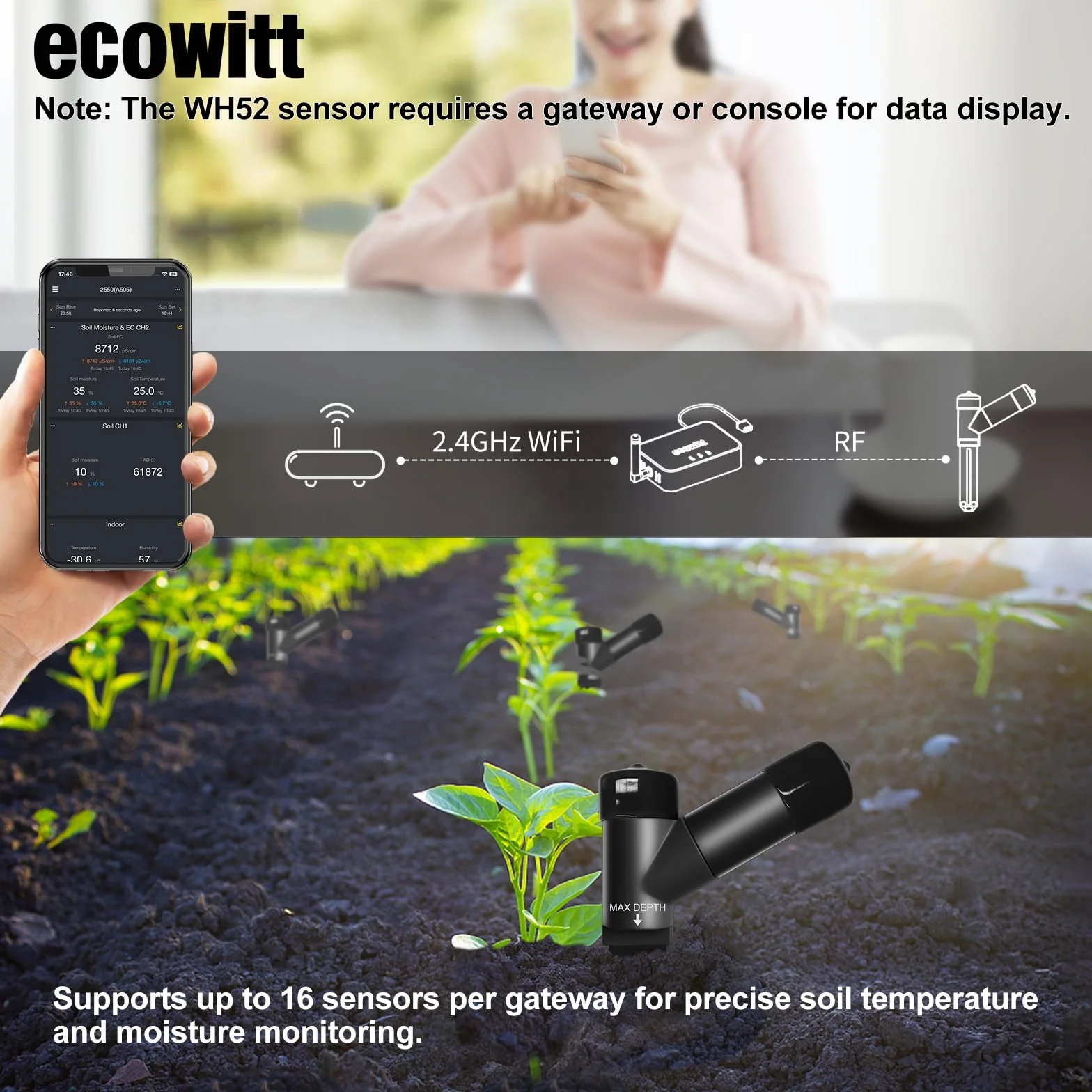ECOWITT WH52 16-kanałowy czujnik wilgotności gleby 3 w 1 z EC i miernikiem temperatury powietrza, zestaw 4 szt