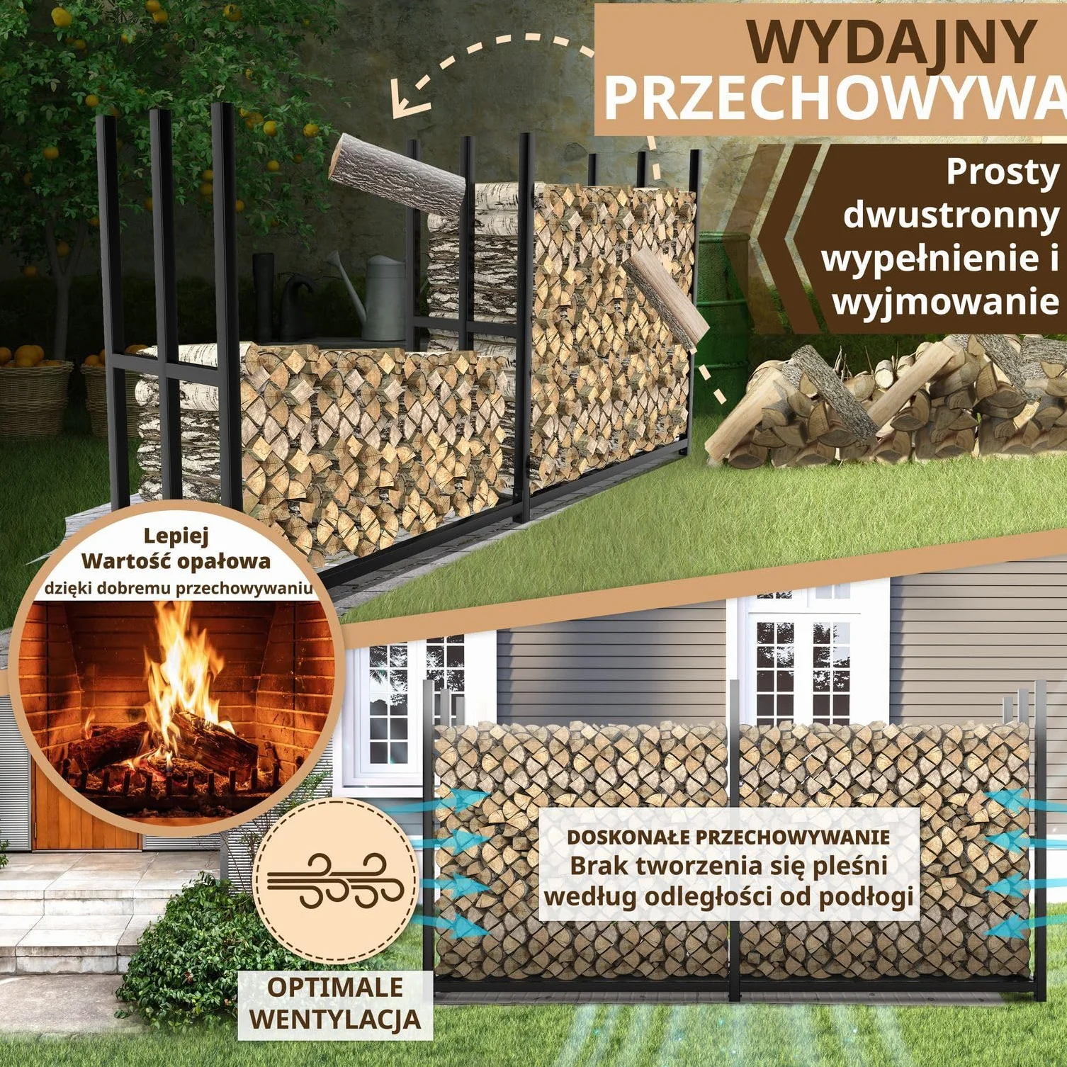 Metalowy regał na drewno kominkowe, 223 × 50 x 115 cm, ocynkowany, do użytku na zewnątrz, do układania drewna opałowego, ogrodu, tarasu, 25 cm, 33 cm, 50 cm, kolor czarny