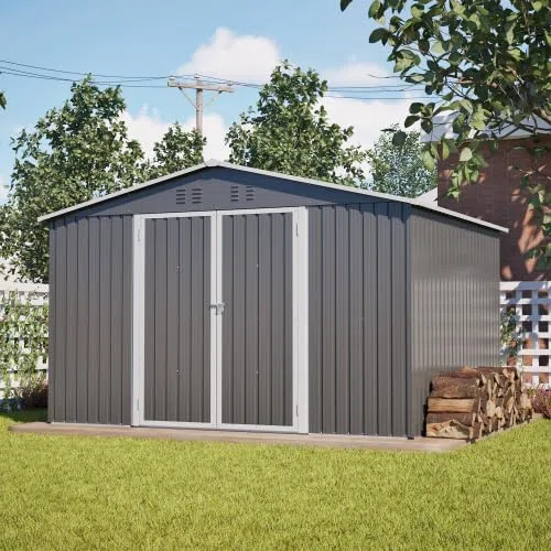 XXXL szopa na narzędzia 3 x 2,5 m (300 x 252 cm) – duży domek ogrodowy z dachem dwuspadowym i 2 drzwiami przesuwnymi. Stalowa szopa na motocykle i rowery, szara