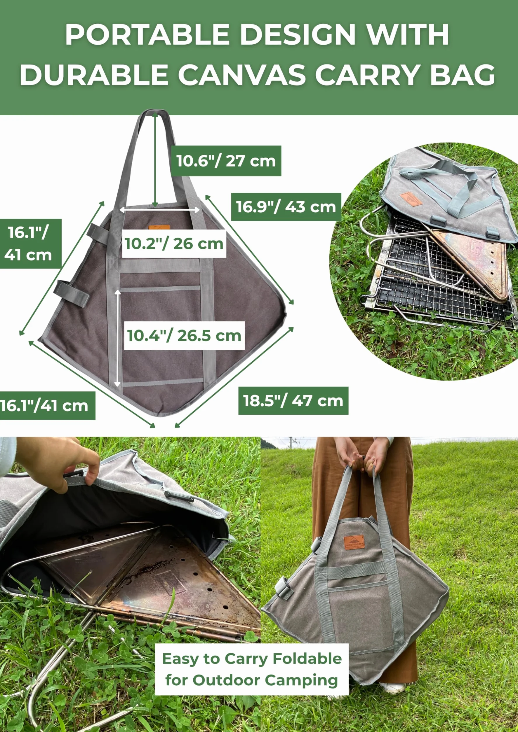 CAMPINGMOON Przenośny grill opalany drewnem ze stali nierdzewnej 50 cm z torbą transportową MT-055