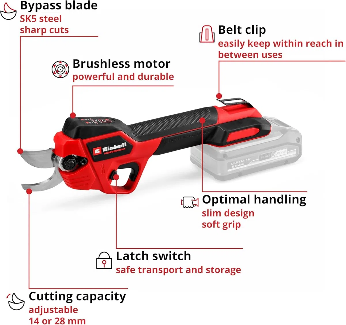 Einhell Profesjonalne sekatory akumulatorowe GP-LS 18/28 Li BL-Solo Power X-Change (18 V, regulowana wydajność cięcia, maks. grubość gałęzi 28 mm, ostrza obejściowe, klips do paska, bez baterii) | PXC | 18 V | regulowana pojemność cięcia | grubość gałęzi