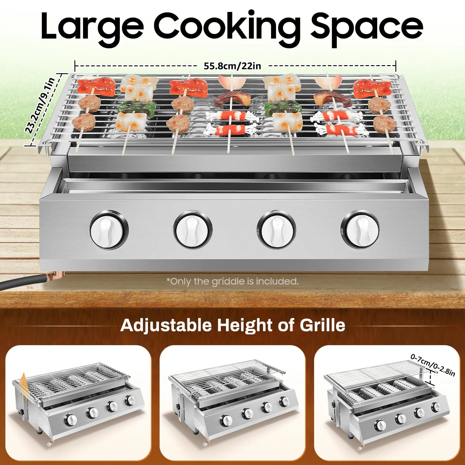Grill gazowy, 4 palniki ze stali nierdzewnej, ruszt stołowy, zdejmowany, powierzchnia 55,8 x 23,2 cm, regulacja wysokości 0-7 cm, na kemping, balkon, do ogrodu, srebrny