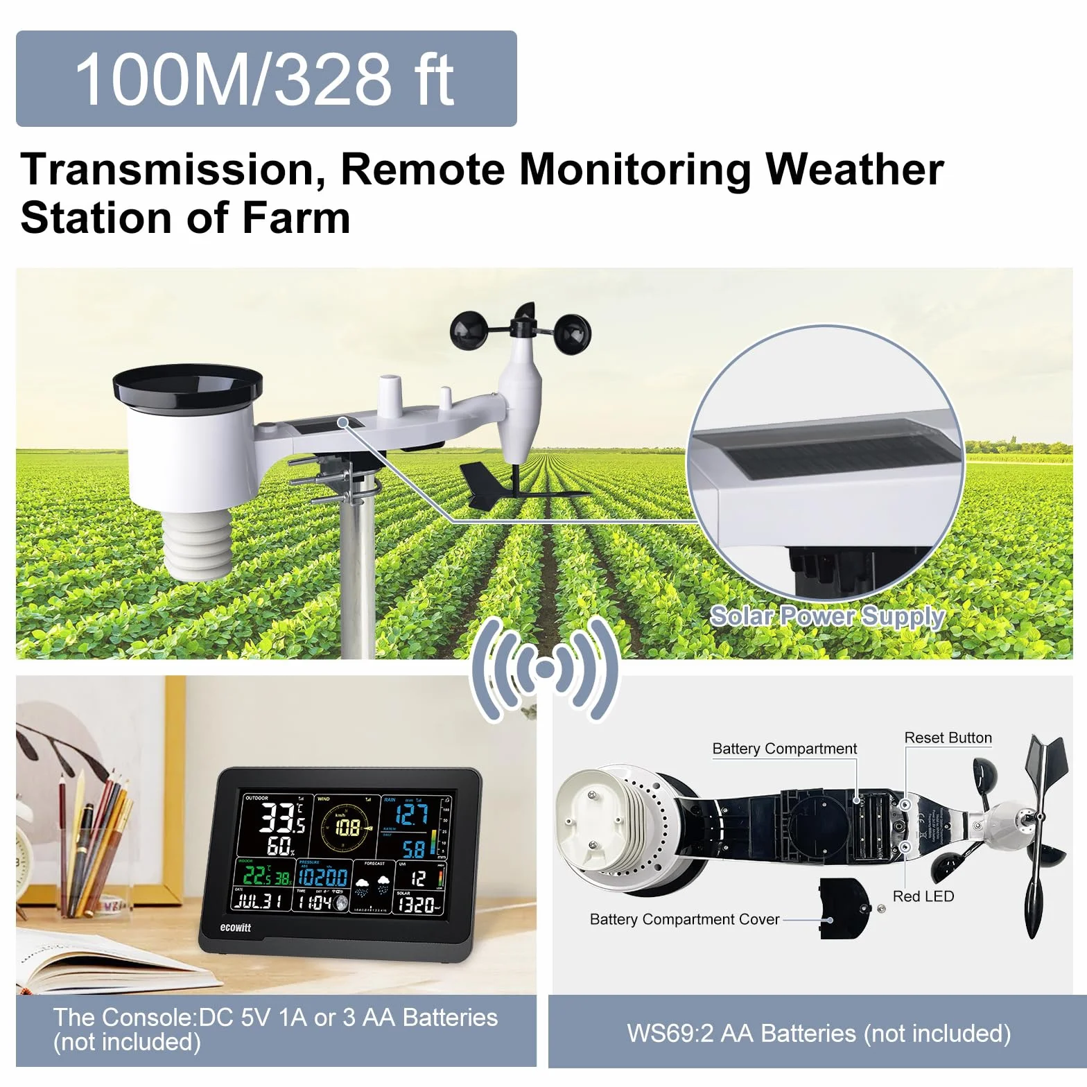 ECOWITT Bezprzewodowa stacja pogodowa z czujnikiem zewnętrznym WS3900, zewnętrzna jednostka pogodowa 7 w 1 WS69 + 7,5-calowa kolorowa konsola domowa WiFi 3 w 1, inteligentne sterowanie IOT
