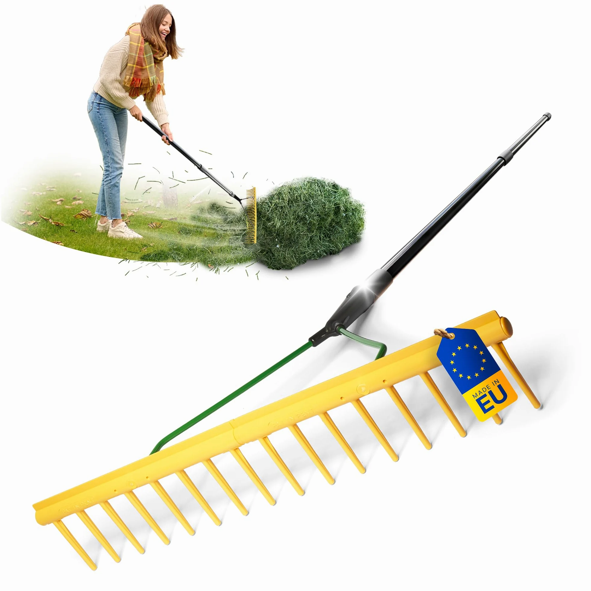 Novatool Zestaw 2 grabi ogrodowych ze zdejmowaną krawędzią, 16 zębów i teleskopowym trzonkiem do 152 cm, szerokość robocza 64,5 cm, grabie z tworzywa sztucznego i metalu, zbieracz liści do ogrodu,