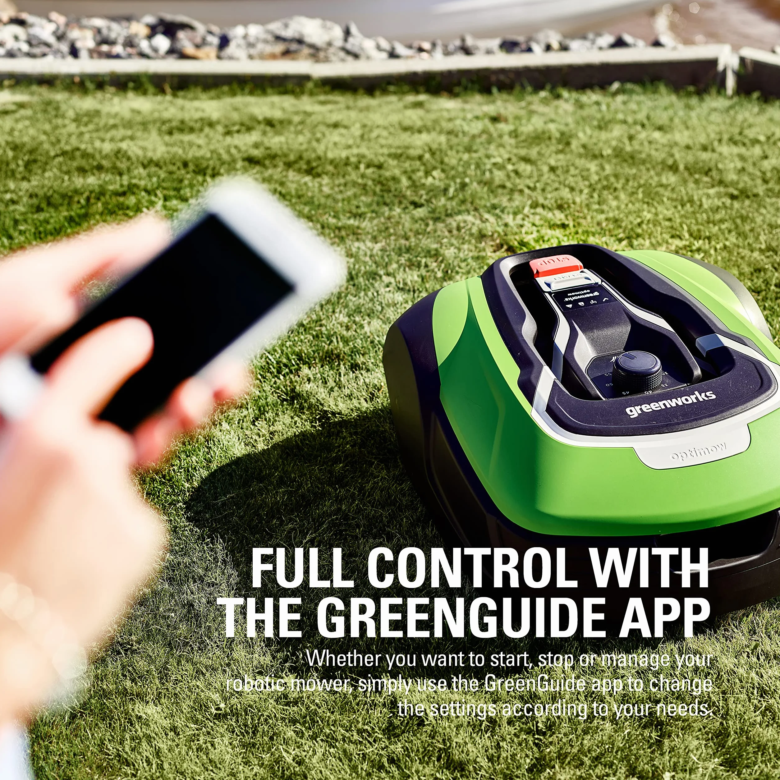 Greenworks Optimow 10 Robot Koszący Trawniki do 1000 m2 z 35% Nachyleniem, Cichy, Kontrola 4G, Łatwa Konfiguracja, Bezpieczeństwo, Ochrona przed Kradzieżą, 3 Lata Gwarancji