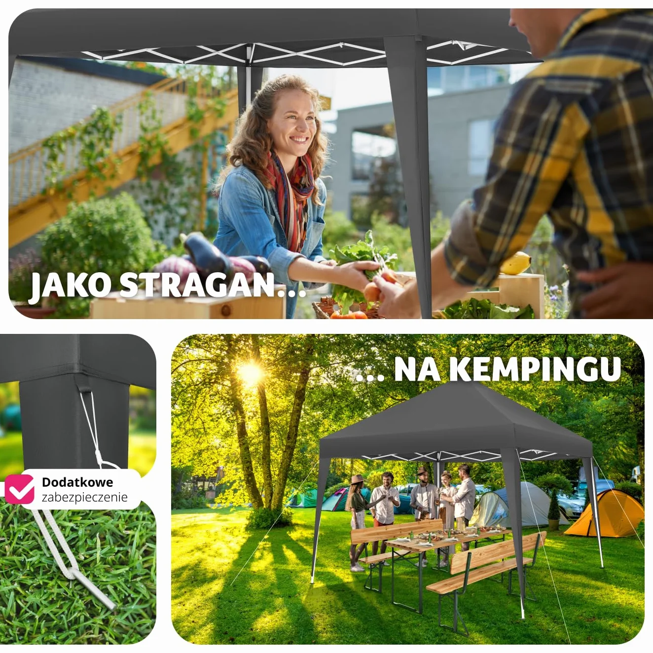 tectake® Składana Altanka, Pawilon Ogrodowy 3x3m, Wodoodporny Dach z Ochroną UV, Stalowy Stelaż Malowany Proszkowo, Regulacja Wysokości, Łatwy Montaż, Namiot Imprezowy (Szary)