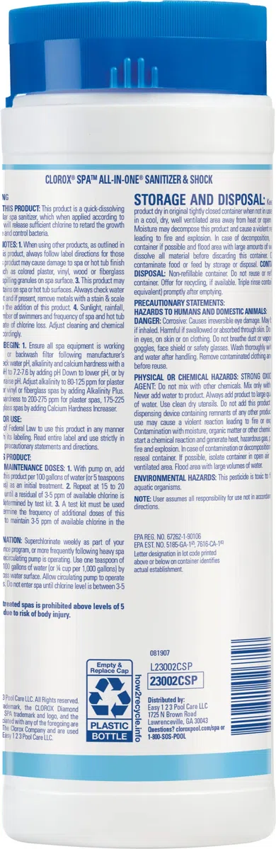 CLOROX Pool&Spa Spa Water All-in-One środek dezynfekujący i wstrząsowy, niszczy zanieczyszczenia, oczyszcza mętną wodę, 0,9 kg (1 opakowanie)