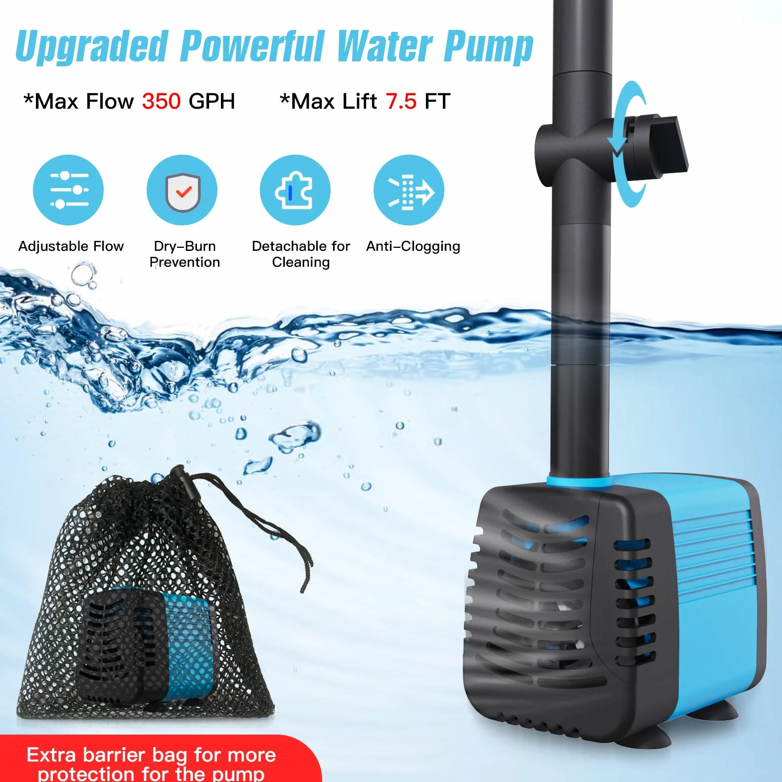 Pompa solarna 20 W do stawu i fontanny, przepływ 1325 l/h, kabel 5 m, 4 natryski
