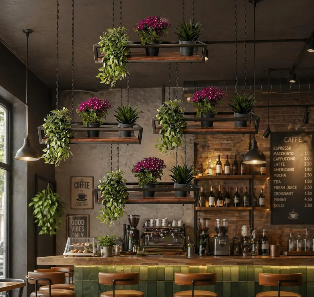 yelloo - Wisząca półka sufitowa z łańcuchami, idealna do stojaków na kwiaty, rośliny wewnątrz i na zewnątrz, klasyczny i elegancki design do domu, ogrodu, balkonu (FLOWERS 95 cm, brązowy/orzech