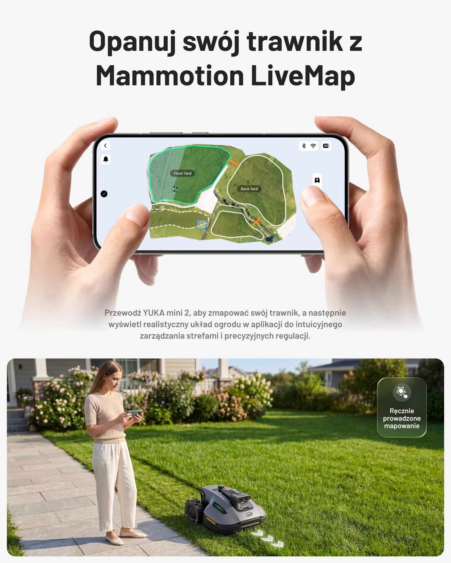 MAMMOTION YUKA mini 2 500 Robot koszący bez przewodu obwodowego, do 500 m², Tri-Cam AI Vision, automatyczne mapowanie wielu stref, DropMow, ręczna edycja mapy, nachylenia 45%