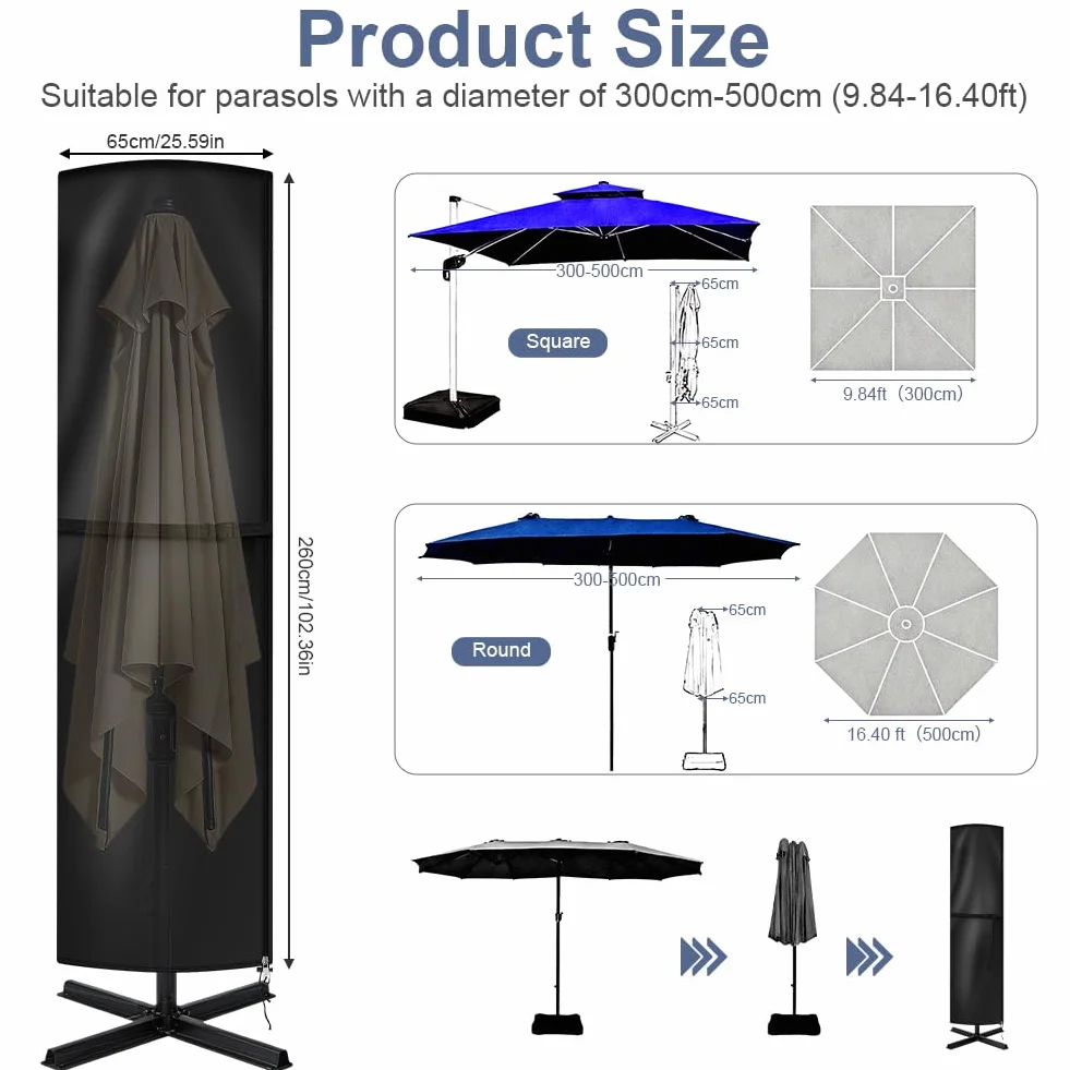 AOOWU Pokrowiec na parasol ogrodowy, pokrowiec ochronny na parasol z zamkiem błyskawicznym, 210D Oxford osłona parasola zewnętrznego, wodoodporna, odporna na wiatr, odporna na promieniowanie UV (260 x