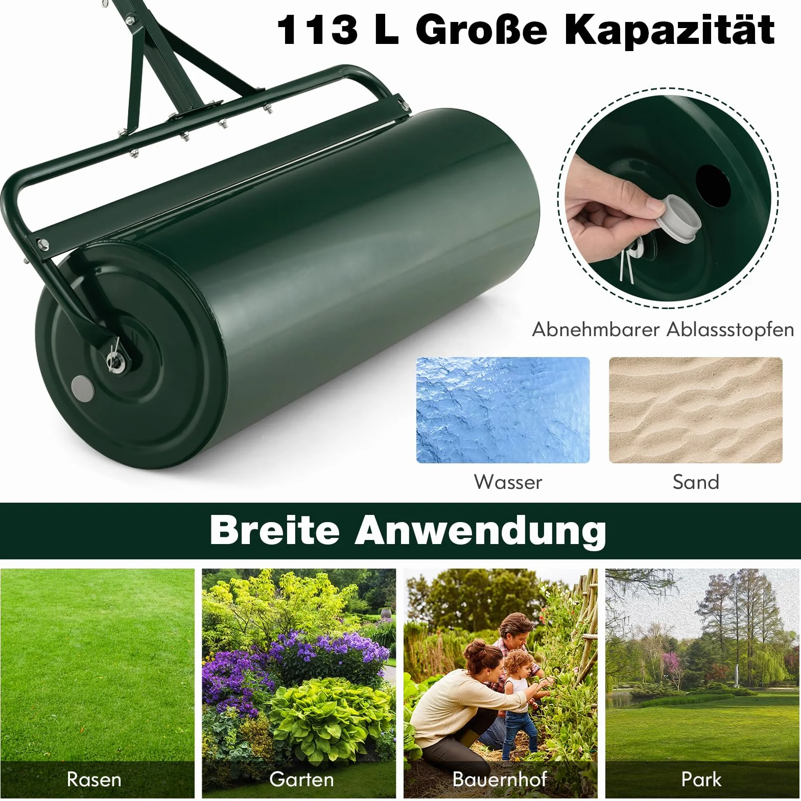 COSTWAY Walec do trawnika do napełniania wodą lub piaskiem, 113 l, Ø 40 cm x 99 cm, wałek podłogowy z uchwytem, wałek ogrodowy, wałek ręczny, wałek do trawnika, do ogrodu, zielony