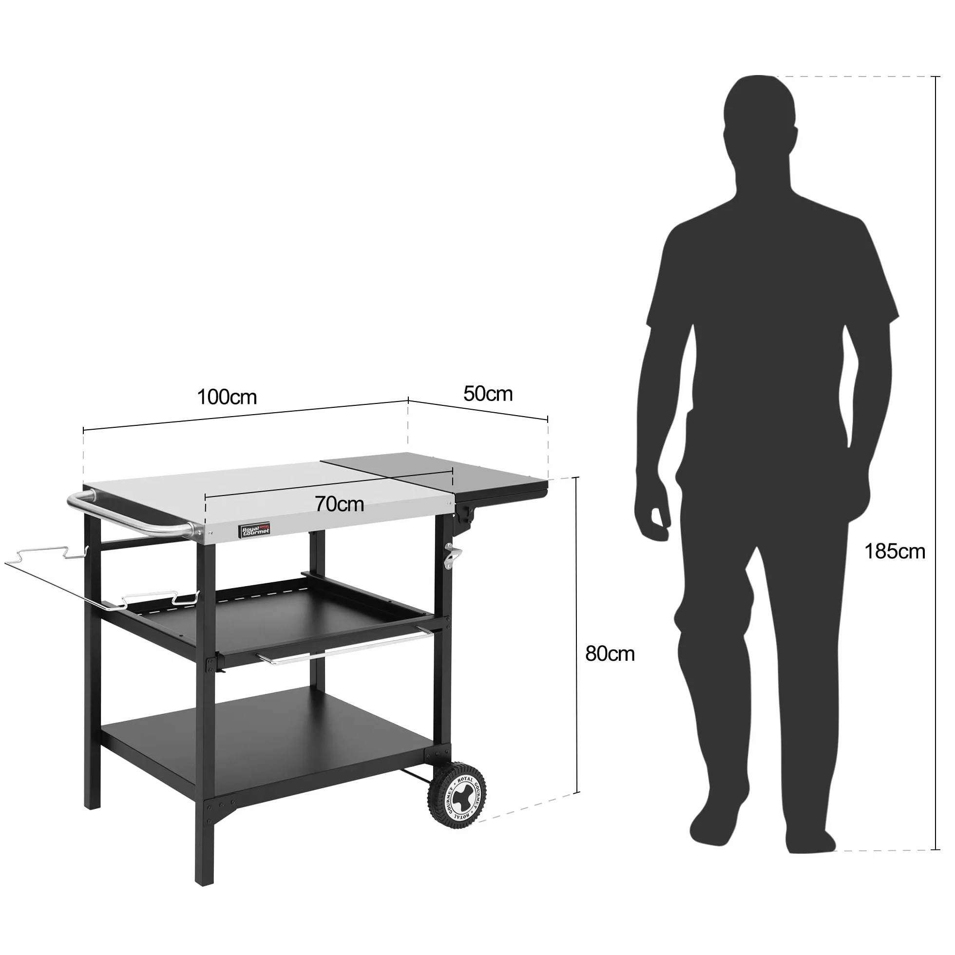 Royal Gourmet Deser zewnętrzny na planchę, 3 półki, wózek grillowy z blatem ze stali nierdzewnej 70 x 50 cm i składanym stołem bocznym o wymiarach 30 x 50 cm, odpowiedni do kuchni i ogrodu