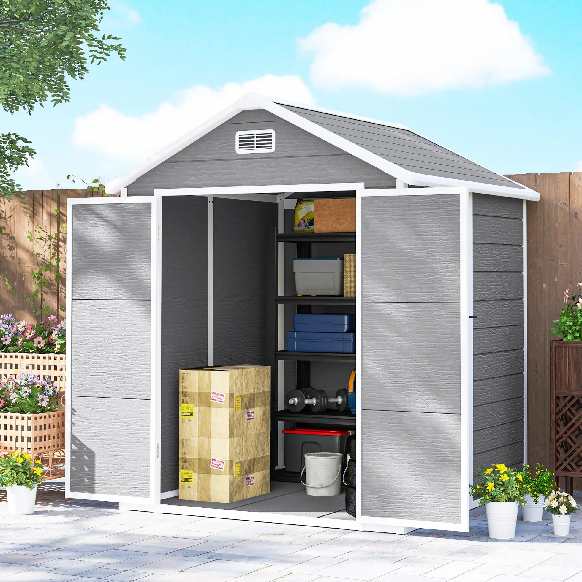 Outsunny Domek na narzędzia 2,4 m², wodoszczelny domek ogrodowy z podłogą, dach dwuspadowy, 182 x 151 x 219/181 cm, szopa na narzędzia z zamykanymi drzwiami, oknem, garaż rowerowy z tworzywa