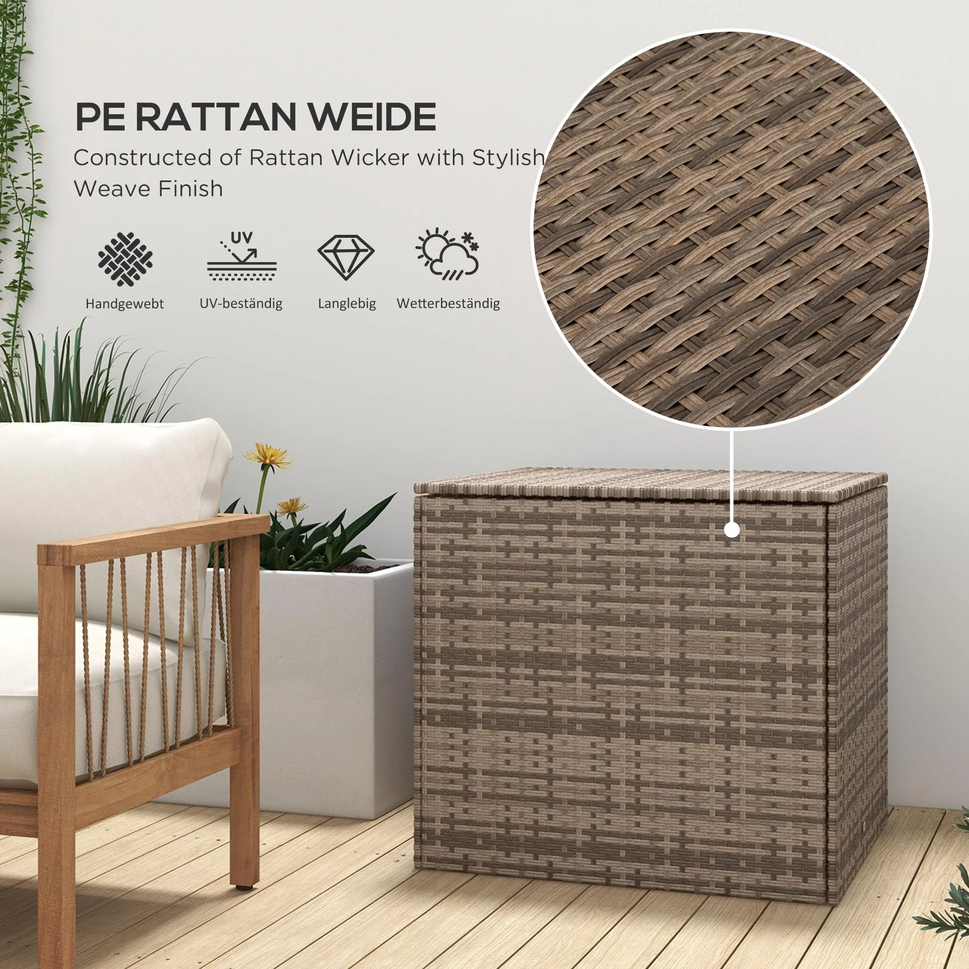 Outsunny Polirattanowa skrzynia na poduszki z pokrywką, automatyczne podnoszenie, odporna na warunki atmosferyczne, do ogrodu, na balkon, 75 x 75 x 70 cm, kolor piaskowy