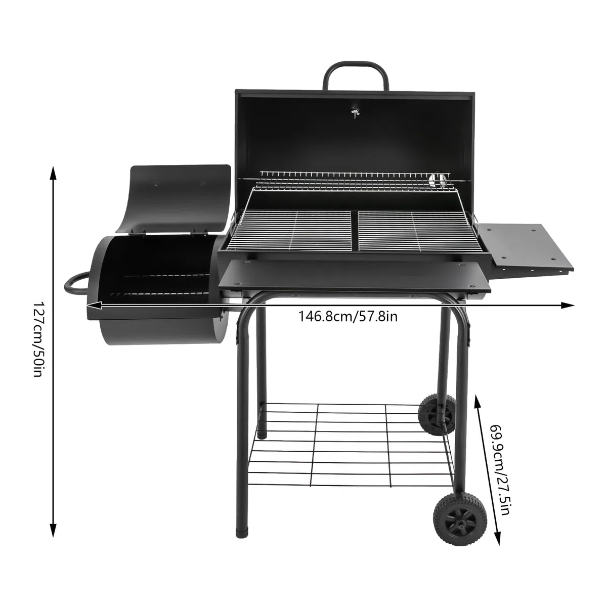 Grill na węgiel drzewny z pokrywką, duży grill węglowy z kółkami i termometrem i 2 półkami, na kemping i do ogrodu, 147 x 70 x 126 cm