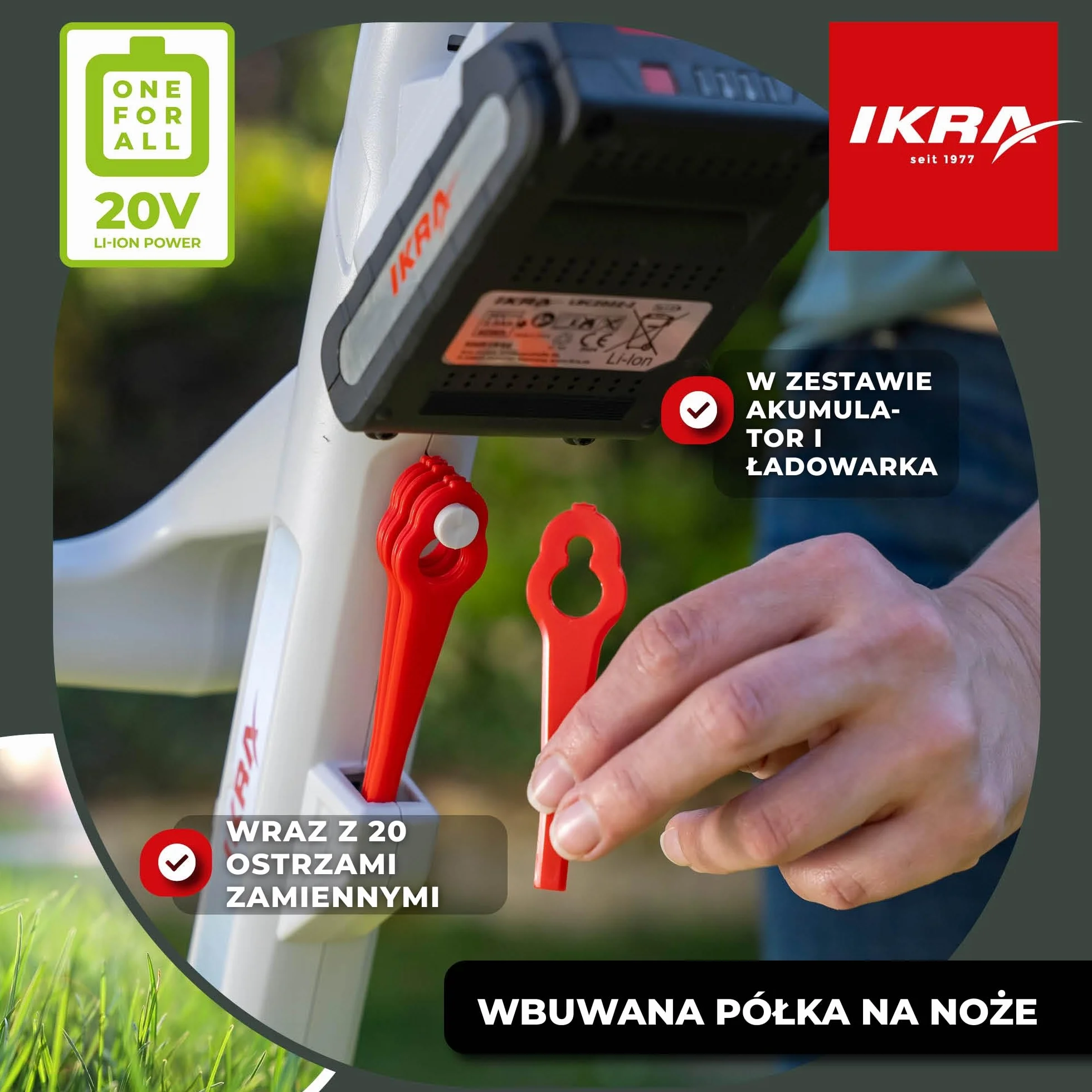 IKRA podkaszarka do trawy 2 w 1 IART 2025 bez kabla akumulator 1,9 kg