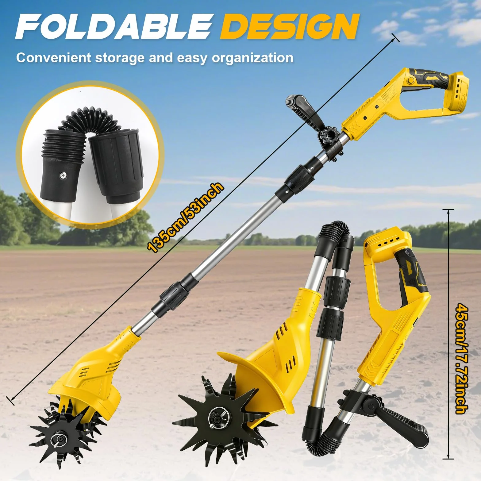 Akumulatorowa glebogryzarka kompatybilna z akumulatorem Dewalt 20 V, akumulator 500 W, głębokość obróbki gleby 20 cm, szerokość obróbki 16 cm, 360 obr./min, bezszczotkowa składana frezarka ogrodowa