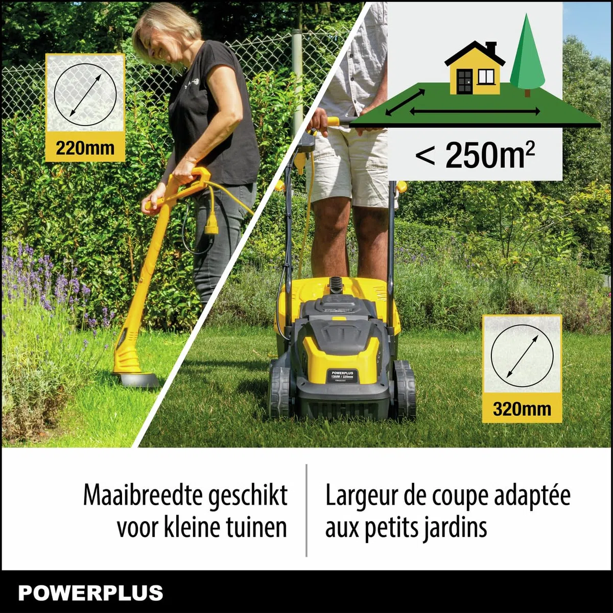Powerplus Elektryczna kosiarka i podkaszarka POWXG62205T – kosiarka o mocy 1300 W i średnicy 320 mm i podkaszarka do trawy o mocy 250 W i 220 mm Ø, narzędzie ogrodowe