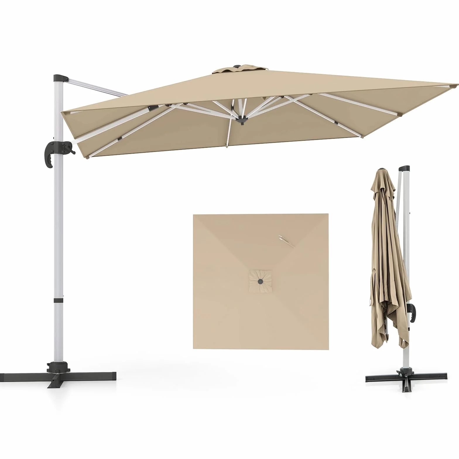 COSTWAY Parasol przeciwsłoneczny prostokątny 300 x 300 cm z korbą odchylany 360° beżowy
