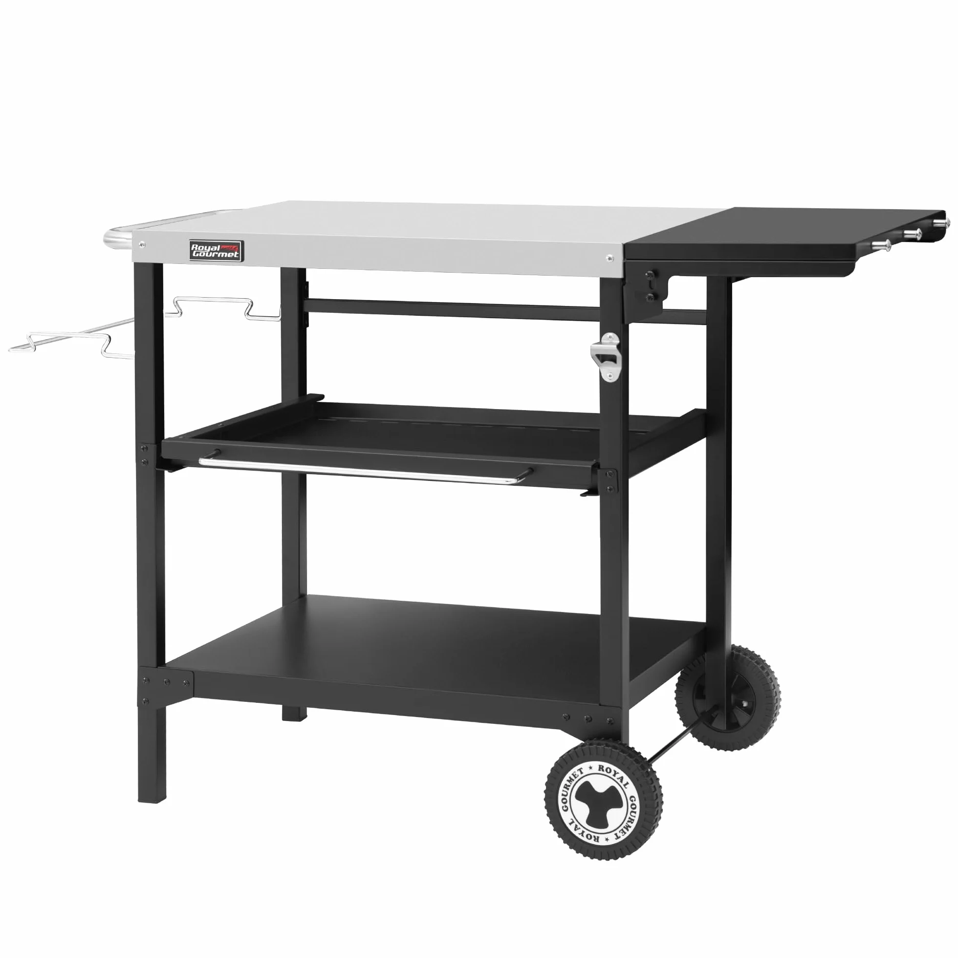 Royal Gourmet Deser zewnętrzny na planchę, 3 półki, wózek grillowy z blatem ze stali nierdzewnej 70 x 50 cm i składanym stołem bocznym o wymiarach 30 x 50 cm, odpowiedni do kuchni i ogrodu