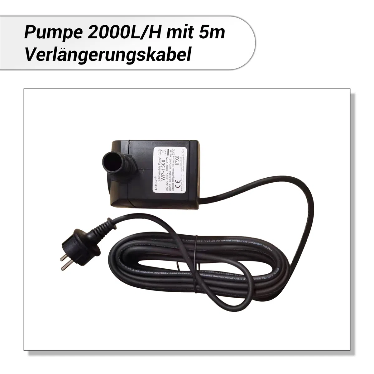 Köhko Kompletny zestaw pompy 1500 l/h do fontanny ogrodowej z 3 diodami LED (zielony), 3-drożny rozdzielacz wody, wąż, 5 m przedłużacza, transformator i uszczelka piankowa