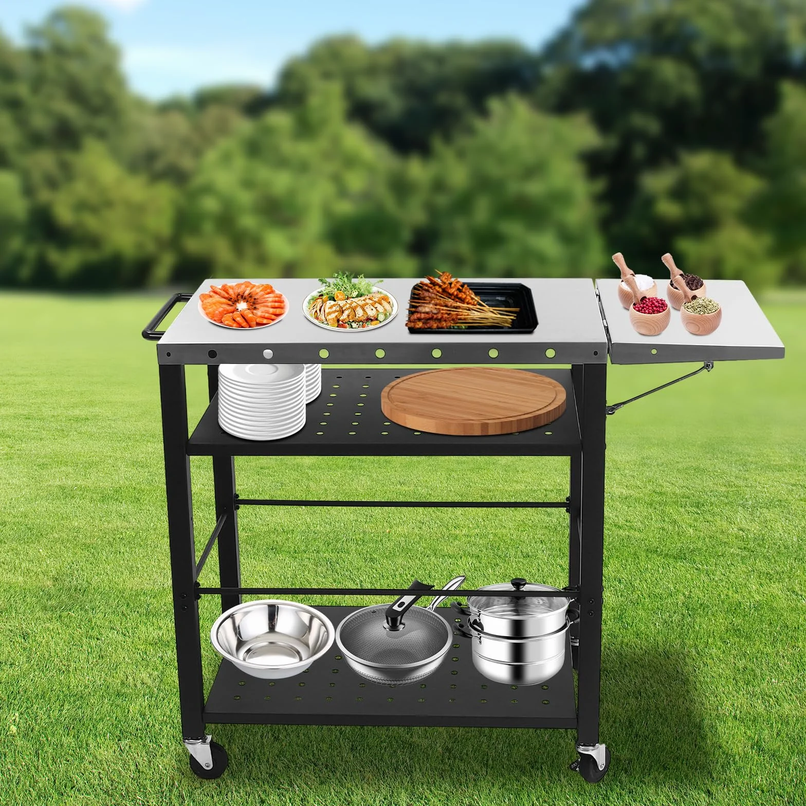 Mobilny grill na kółkach, stół kuchenny, idealny na kemping i ogród