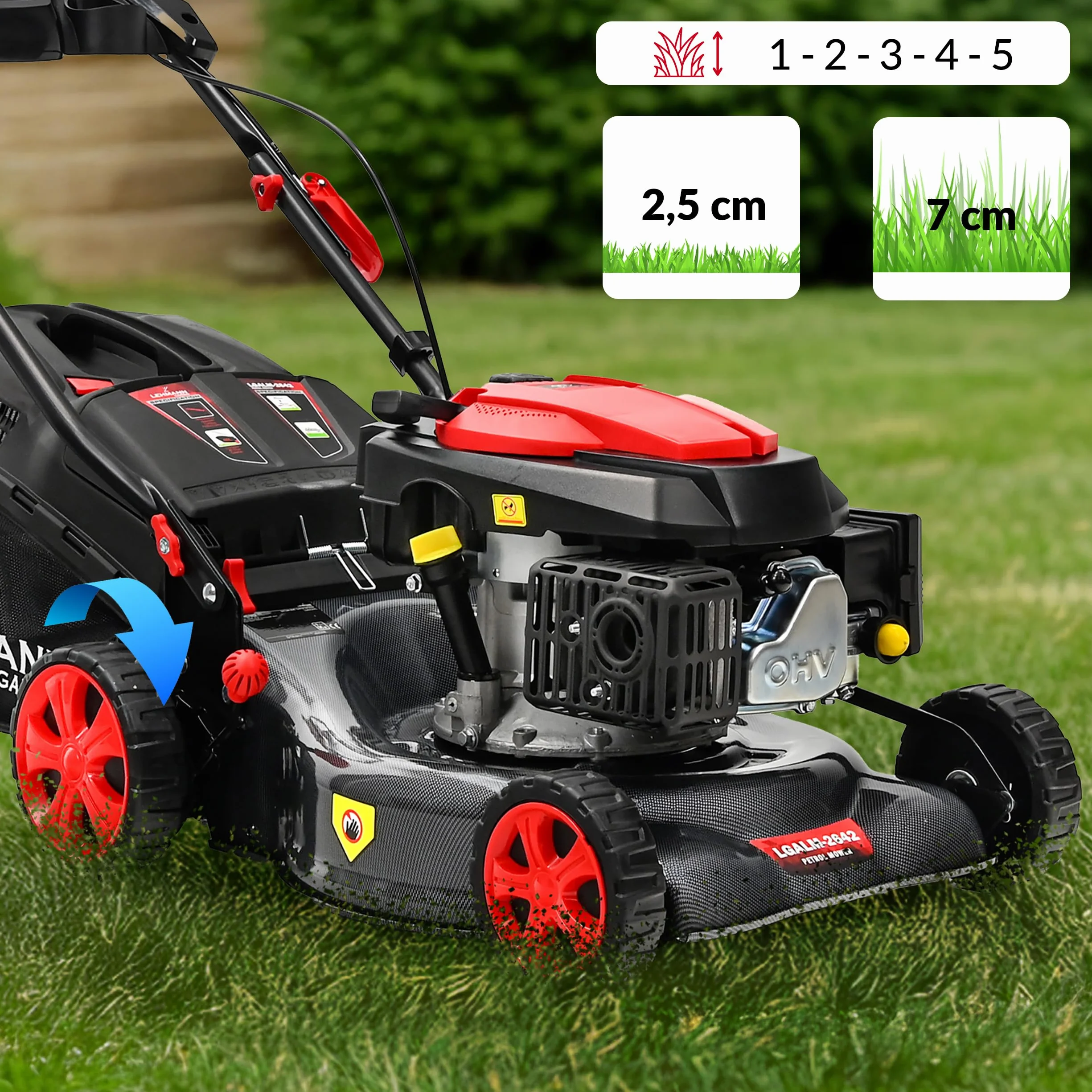 Lehmann LGALM-2642 kosiarka spalinowa z napędem 146 cm³ 2,6 kW szerokość cięcia 42 cm obudowa stalowa regulacja wysokości koszenia 25-70 mm