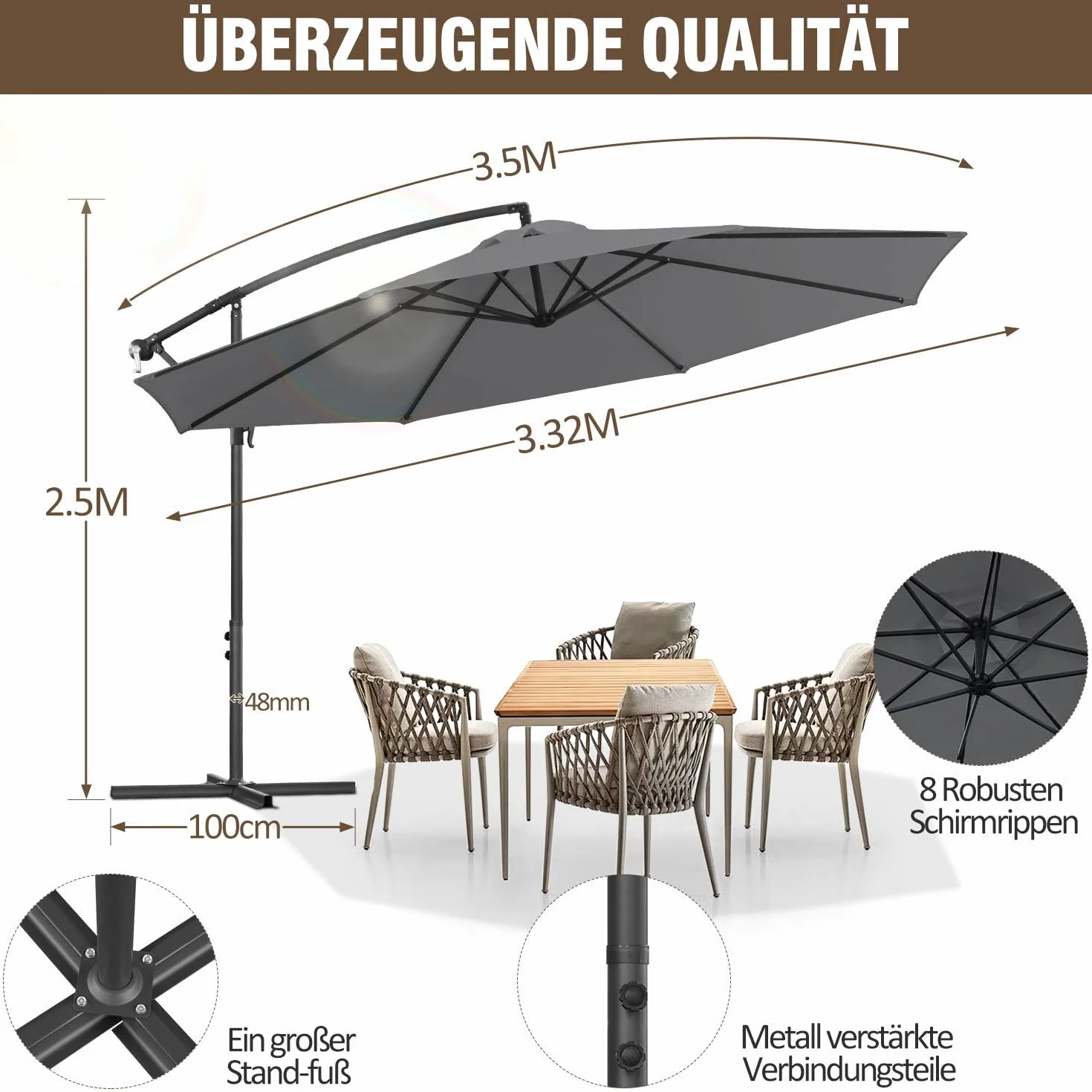 Parasol przeciwsłoneczny 350 cm, ze stojakiem i korbą, parasol ogrodowy, ochrona przed promieniowaniem UV, 8 stalowych wsporników, regulowany kąt nachylenia i wysokość, do basenów, balkonów i
