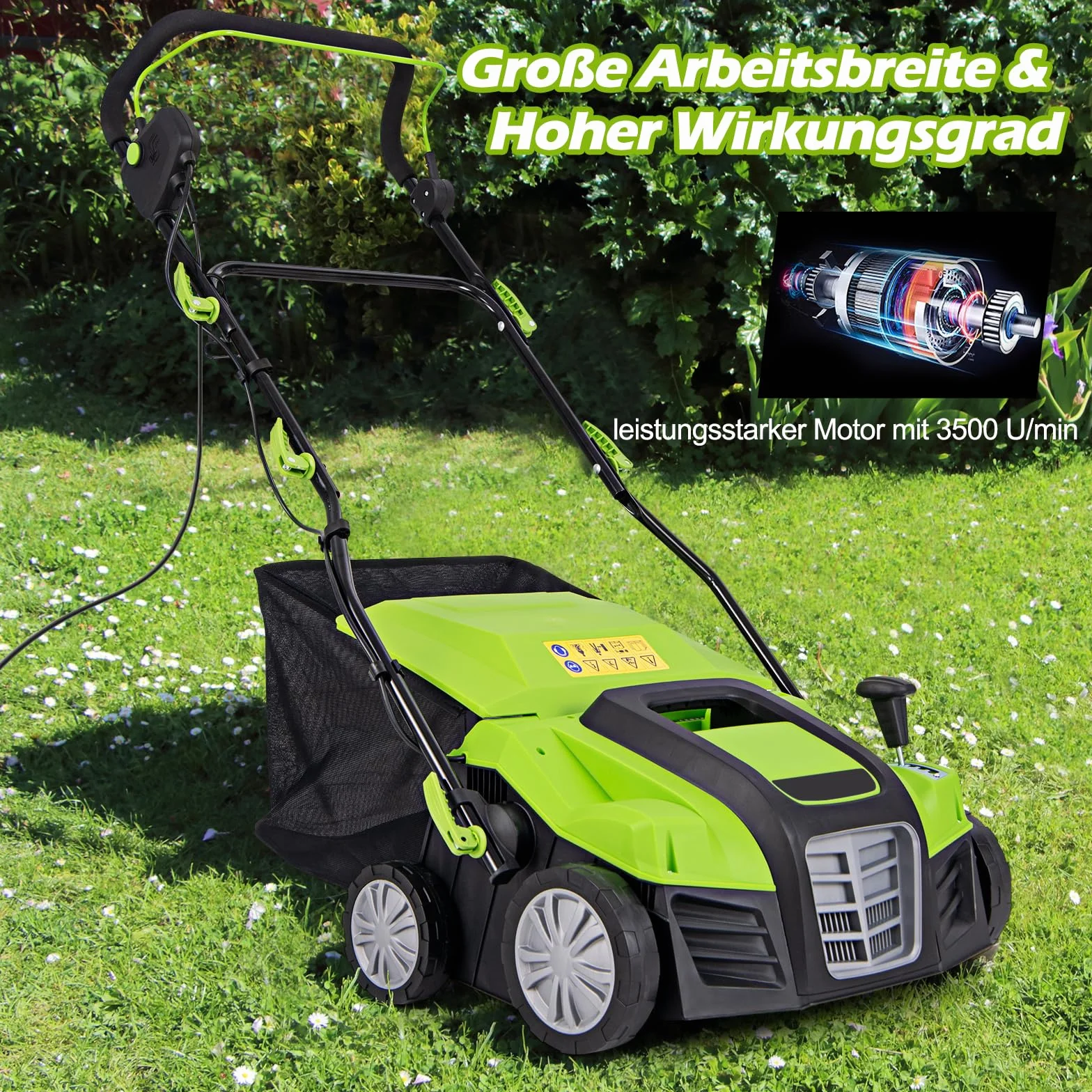 GOPLUS Elektryczny wertykulator 2 w 1, wertykulator trawnika o mocy 2000 W, szerokość robocza 40 cm, 3-stopniowa regulacja wysokości, 5 stopni głębokości roboczej, kosz na trawnik 55 l, do pielęgnacji