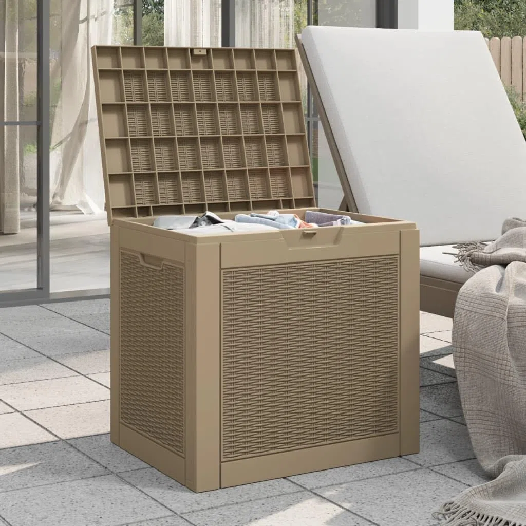 Skrzynka ogrodowa jasnobrązowa z polipropylenu, 118 l, 55,5 x 43 x 53 cm, odporna na warunki atmosferyczne i zamykana, jako skrzynia na taras, balkon, basen i do ogrodu do porządnego