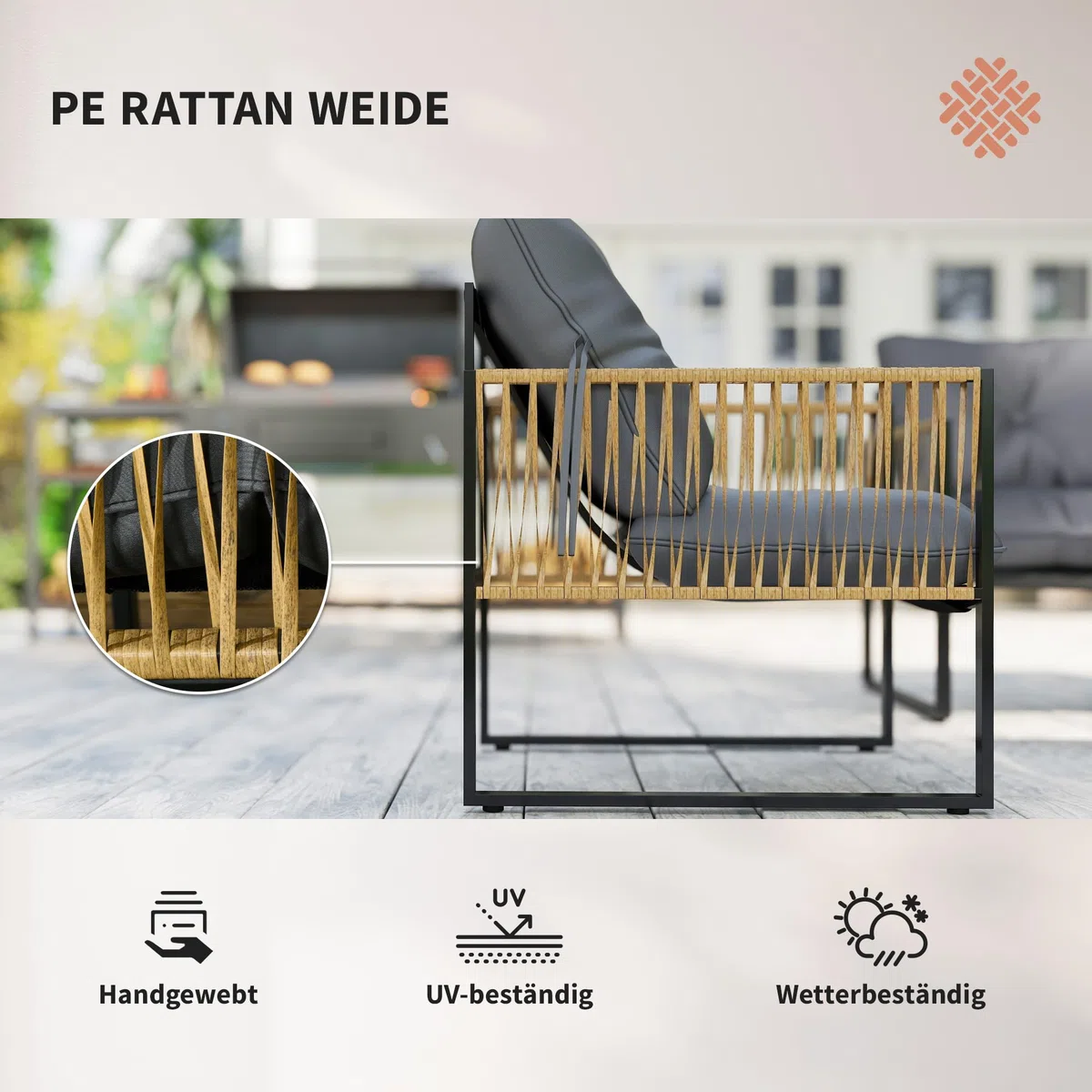 Outsunny 4-cz. rattanowy zestaw ogrodowy z poduszkami Brąz | Zestaw wypoczynkowy, meble ogrodowe, stolik szklany, 2 fotele, sofa 2-os., na taras
