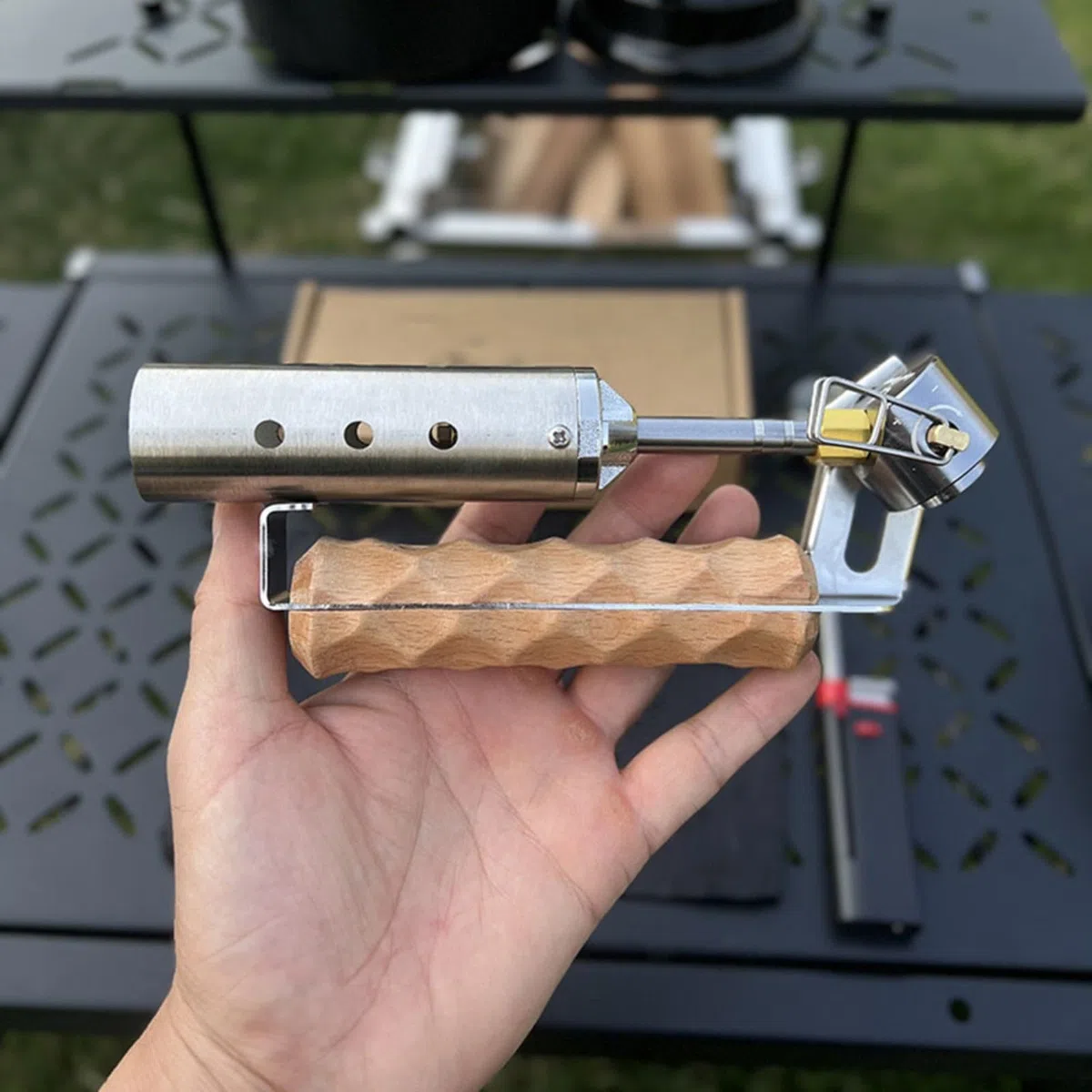 Palnik, składany palnik gazowy z dyszą ze stali nierdzewnej Uchwyt drewna bukowego do gotowania na świeżym powietrzu BBQ Camping