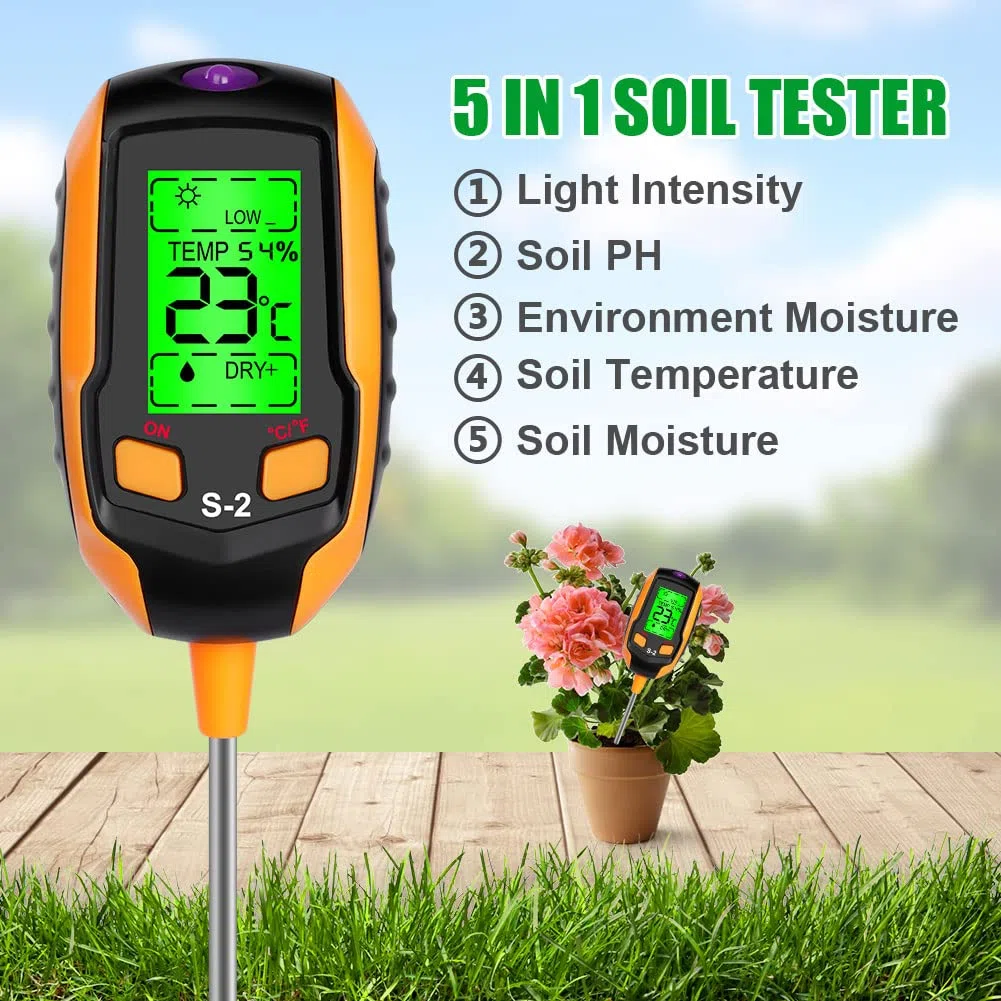 flintronic Tester gleby 5 w 1 pH-metr, cyfrowy tester z termometrem do roślin mierzący oświetlenie, temperaturę, PH, wilgotność gleby i wilgotność otoczenia, do ogrodu i trawnika