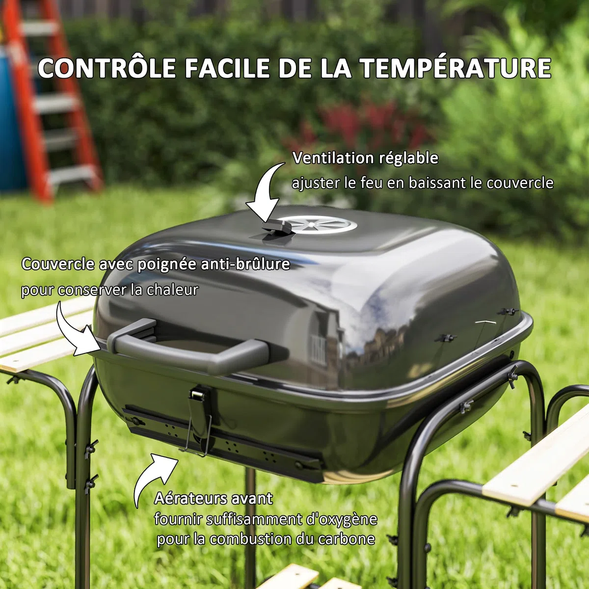 Outsunny Grill na węgiel drzewny, wózek do grillowania o powierzchni 1840 cm², przenośny grill wędzarniczy z pokrywką, rusztem, półkami i kółkami, na piknik, kemping, czarny