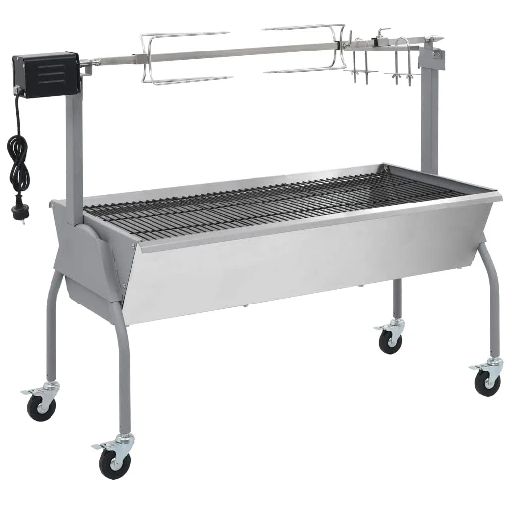 Grill rzeźniczy z napędem elektrycznym, z regulacją wysokości, mobilny, nadaje się do węgla drzewnego, brykietów, grilla, grilla, na zewnątrz, z dużym rusztem i rożnem do dziczyzny, jagnięciny