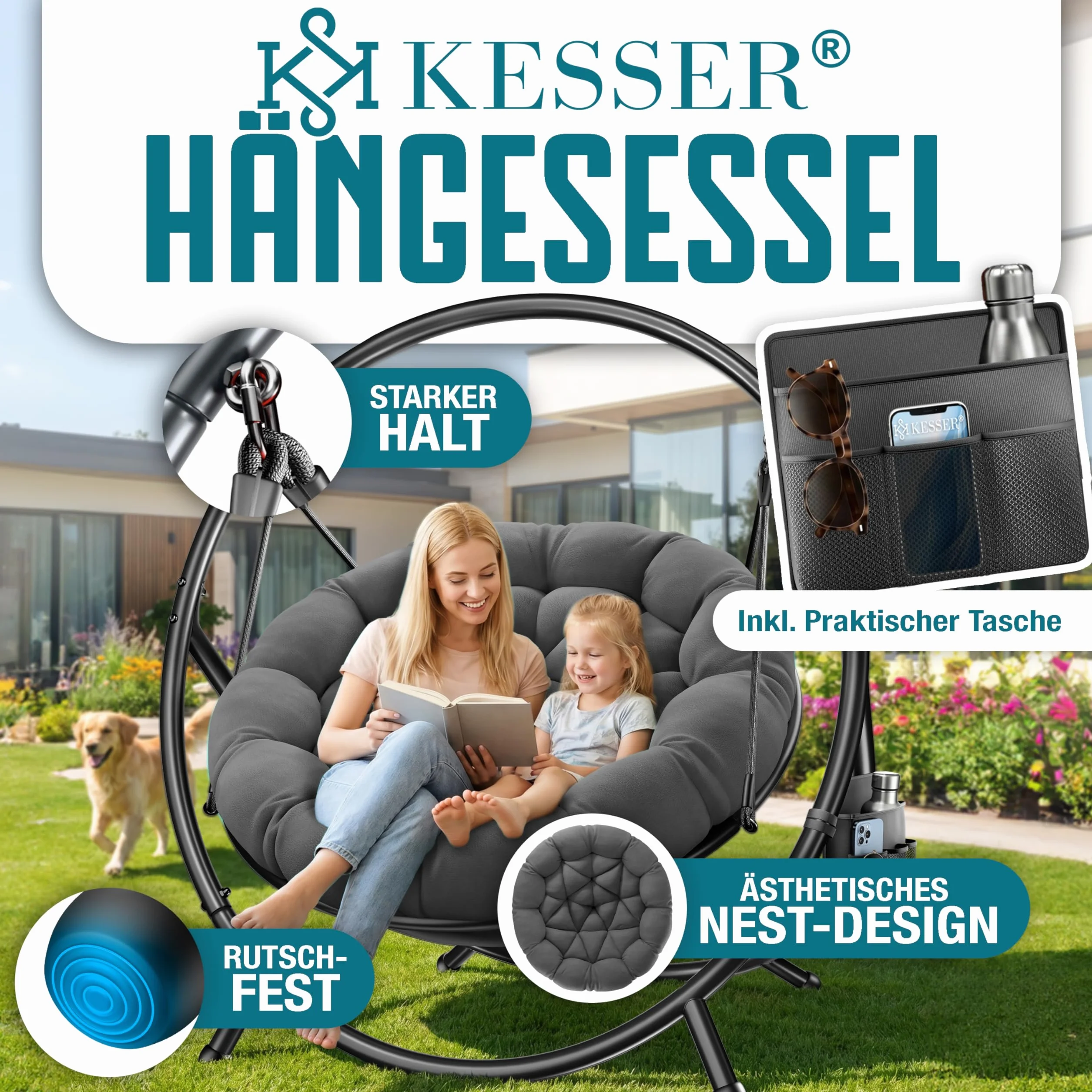 KESSER® Fotel wiszący ze stalowym stelażem, huśtawka, do 150 kg, do użytku wewnątrz i na zewnątrz, z poduszką i kieszenią boczną, kosz wiszący, piankowa poduszka, idealny do salonu i ogrodu